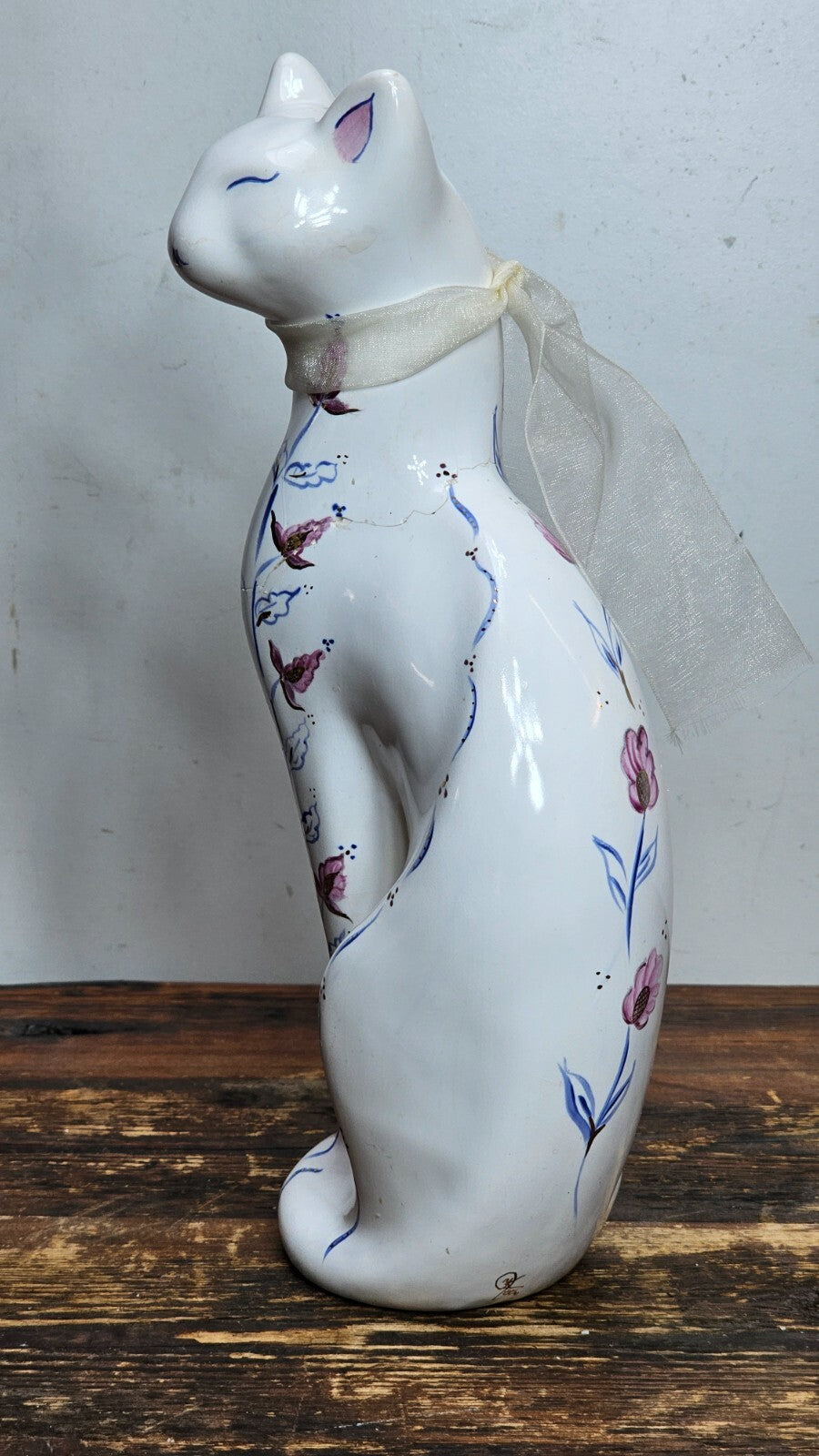 Vintage Porcelain Cat Figurine Hand-Painted Floral Signed 12" H (Has Damages)