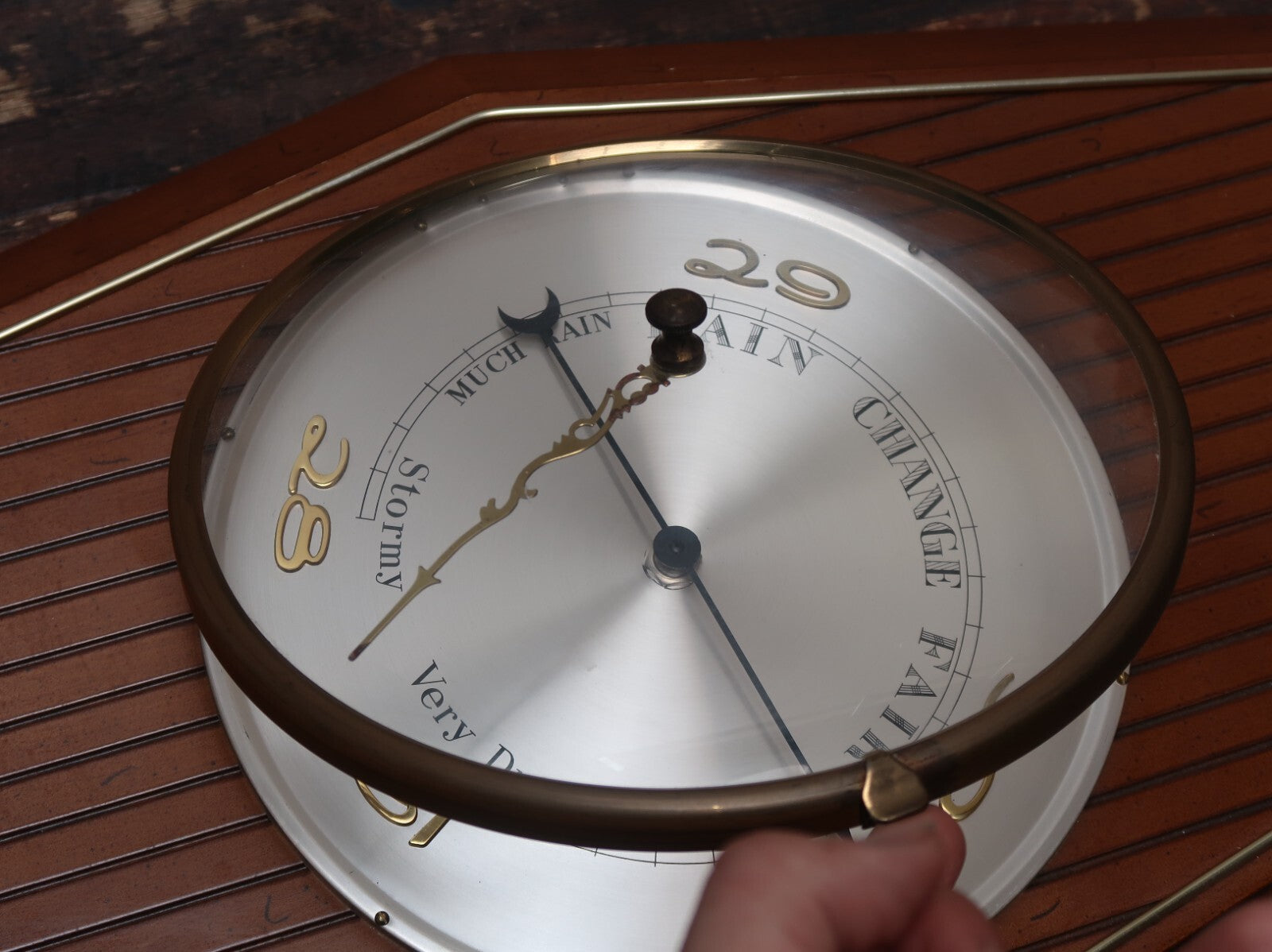 Vintage Wood & Brass Barometer H 20" x W 13" (H 23" with Metal Ring)