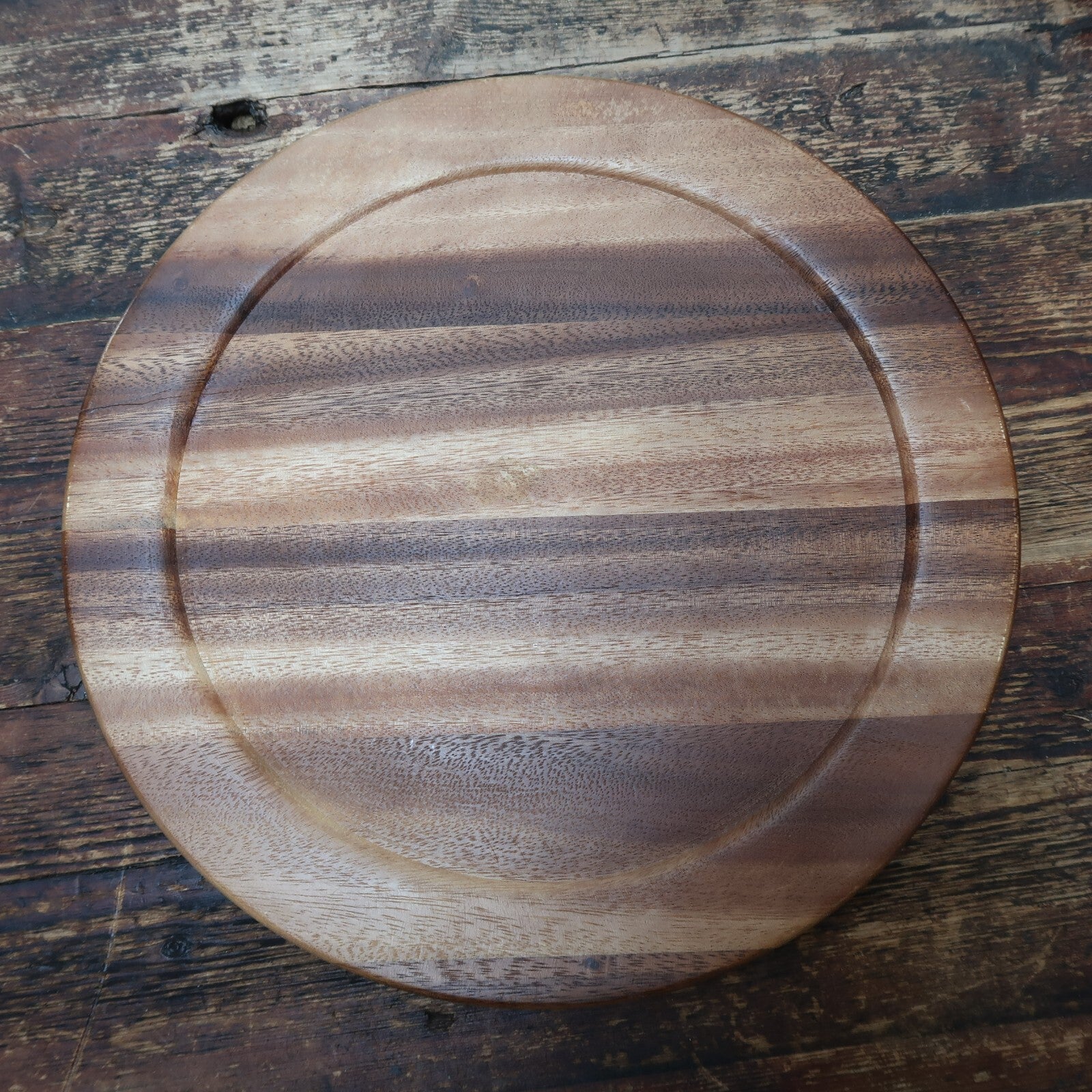 Acacia Wood Round Wood Plates 13" with 2" Wide Lip (Set of 5) NOS