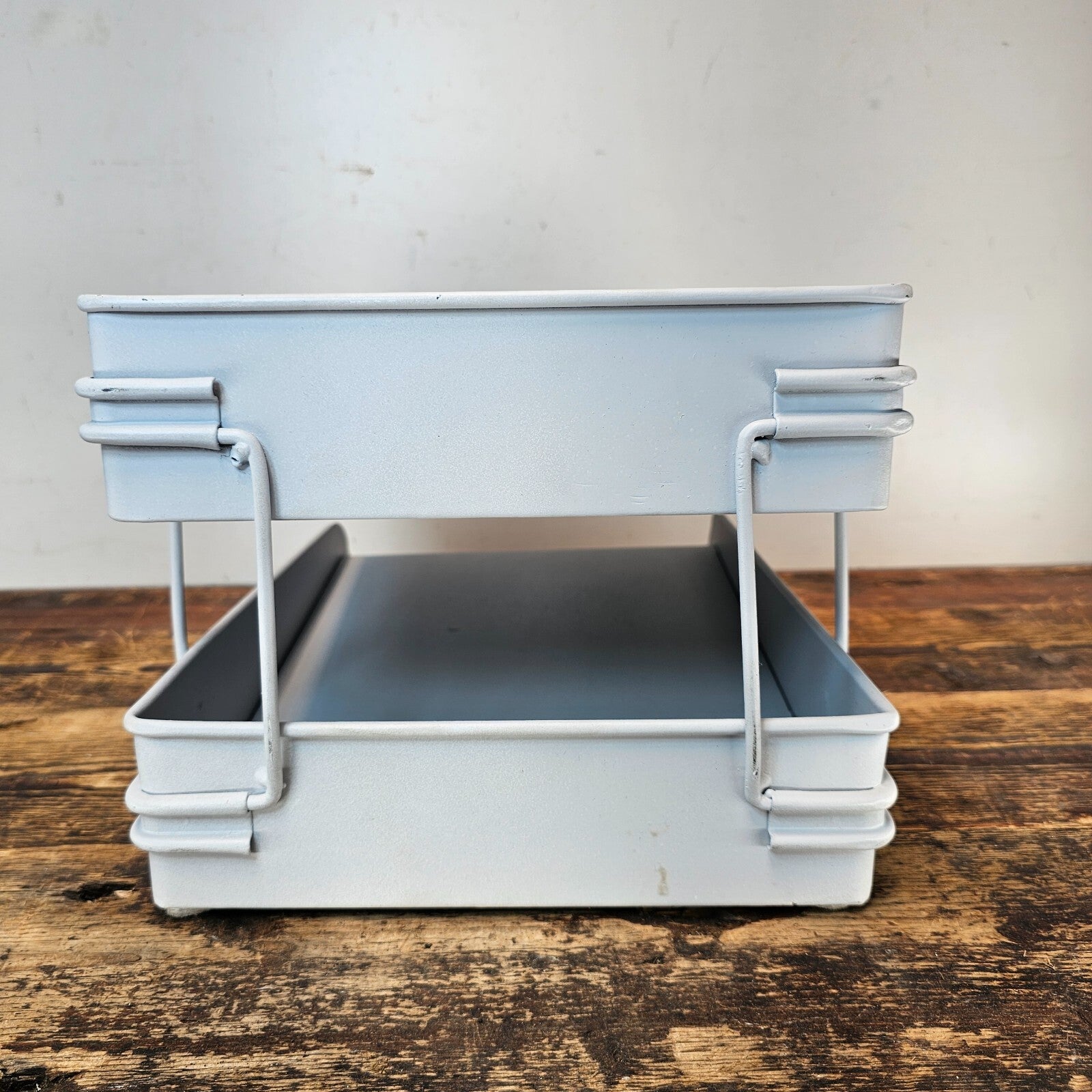 Vintage Pale Blue 2-Tier Industrial Metal Paper Tray / Desk Organizer