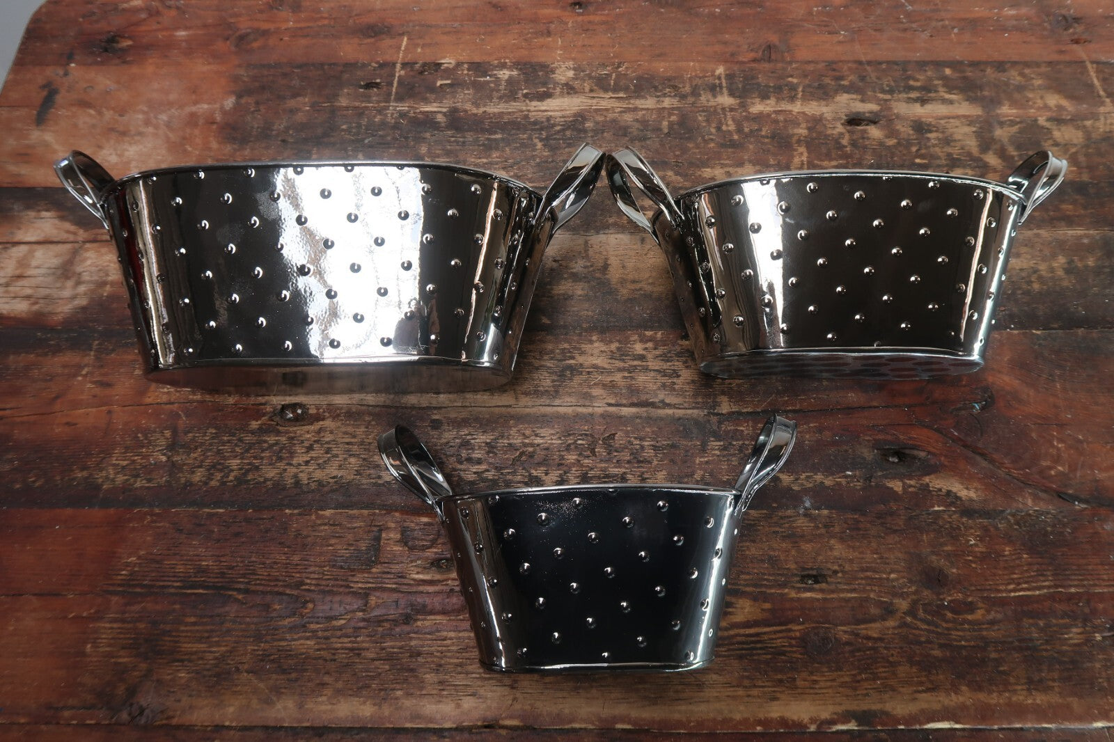 Metal Oval Planters Set of 3 Nested Smoke Metalic Planter With Handles