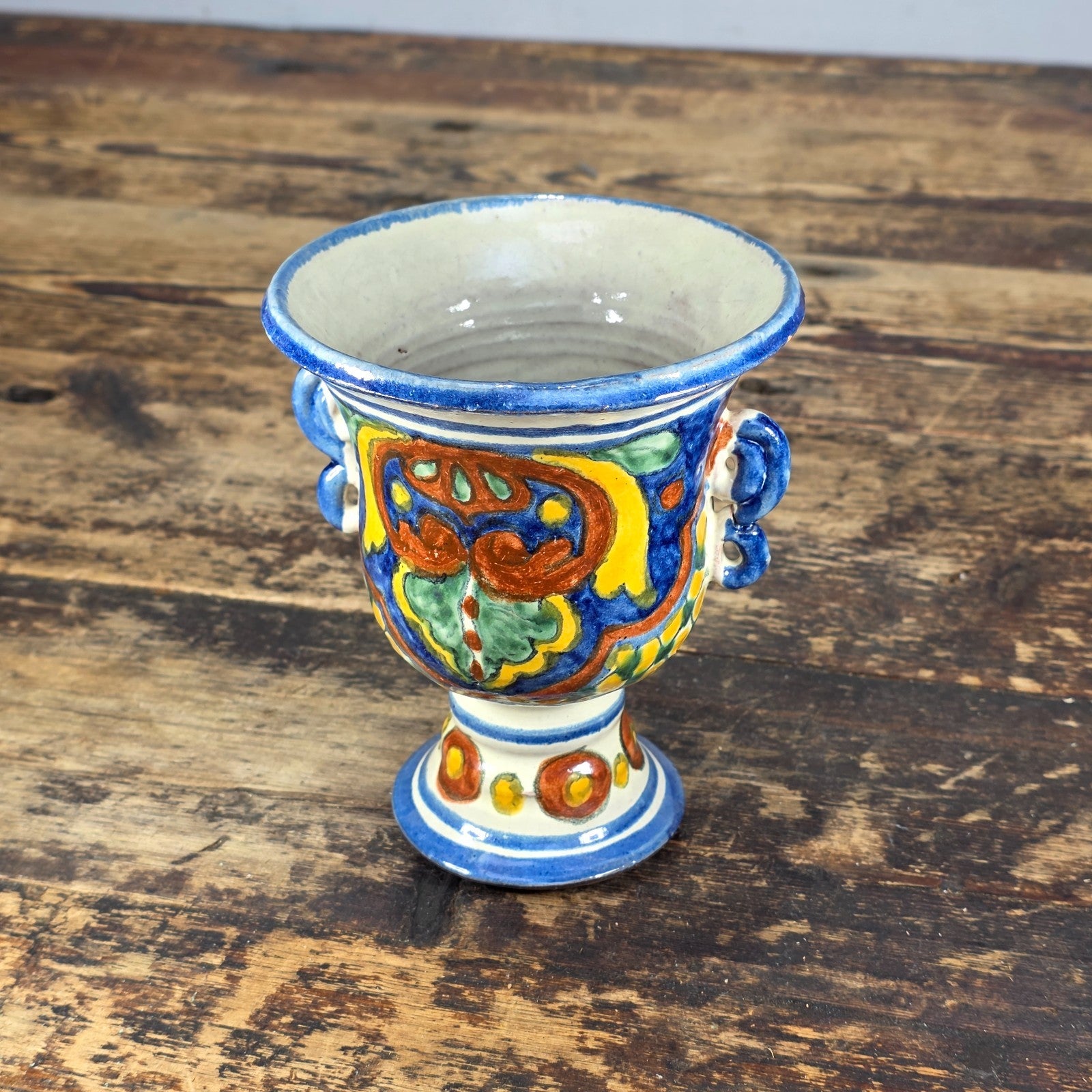 Vintage Mexican Talavera Hand-Painted Chalice Vase / Goblet Form Pottery