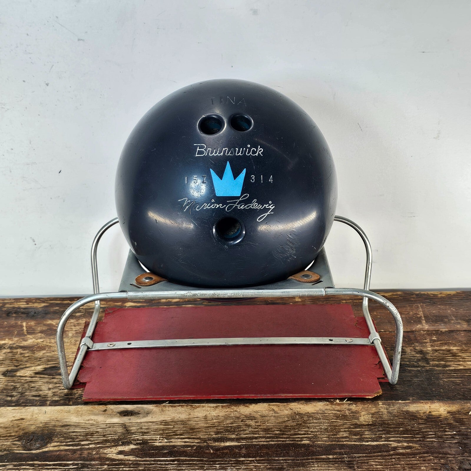 Vintage Brunswick Marion Ladewig  Bowling Ball 12.75 lb. With Base
