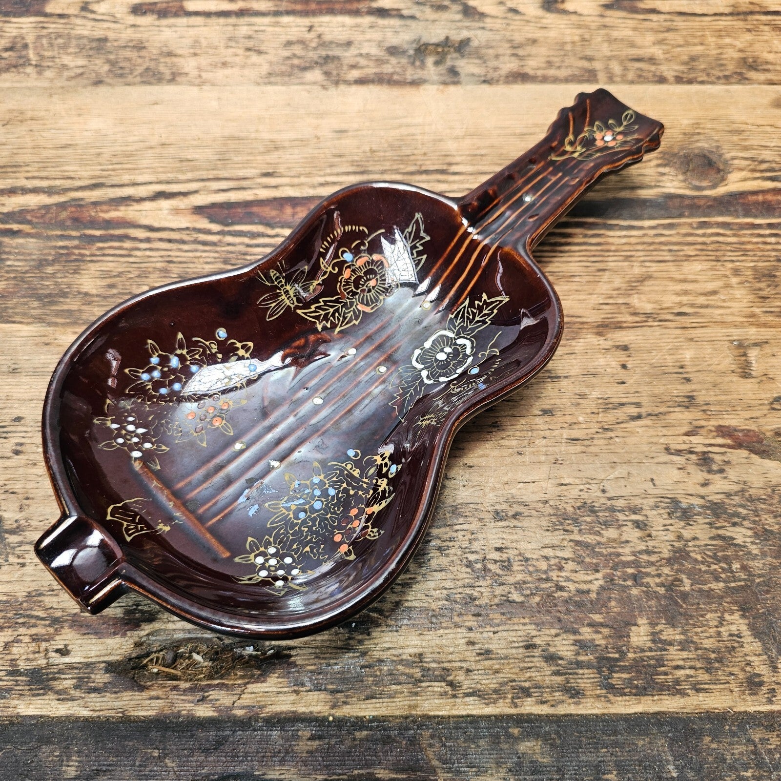 Vintage Ceramic Guitar Ashtray / Trinket Dish with Hand-Painted Moriage Detail