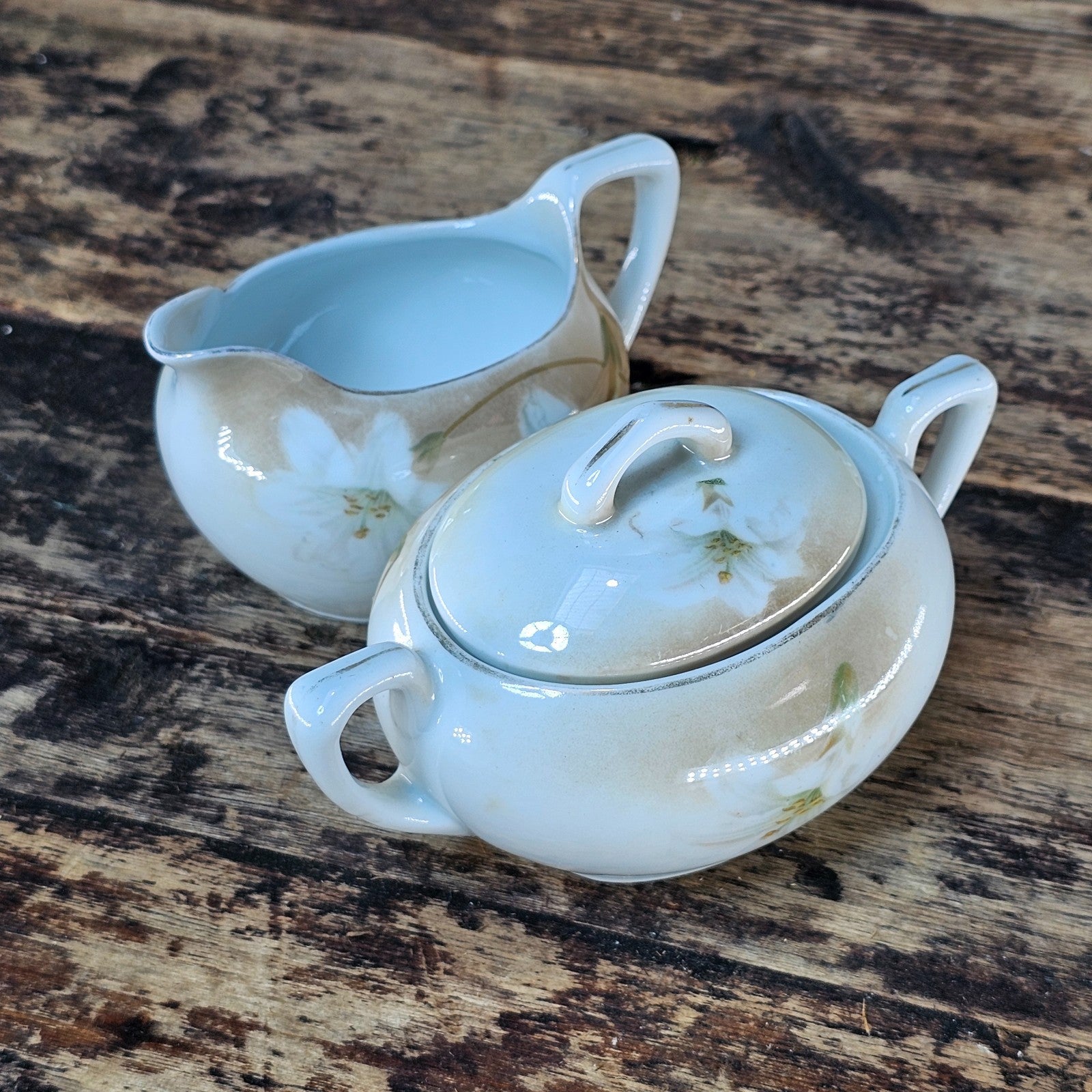 Antique RS Germany Creamer & Sugar Bowl Set - White Lilies, c. 1910s-20s