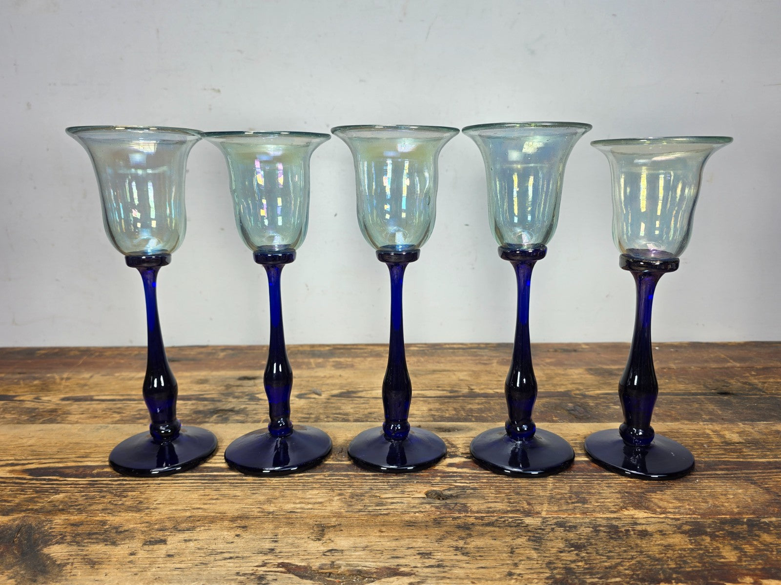 Set of 5 Rick Strini Art Glass Goblets Iridescent & Cobalt Blue Signed c.1970s