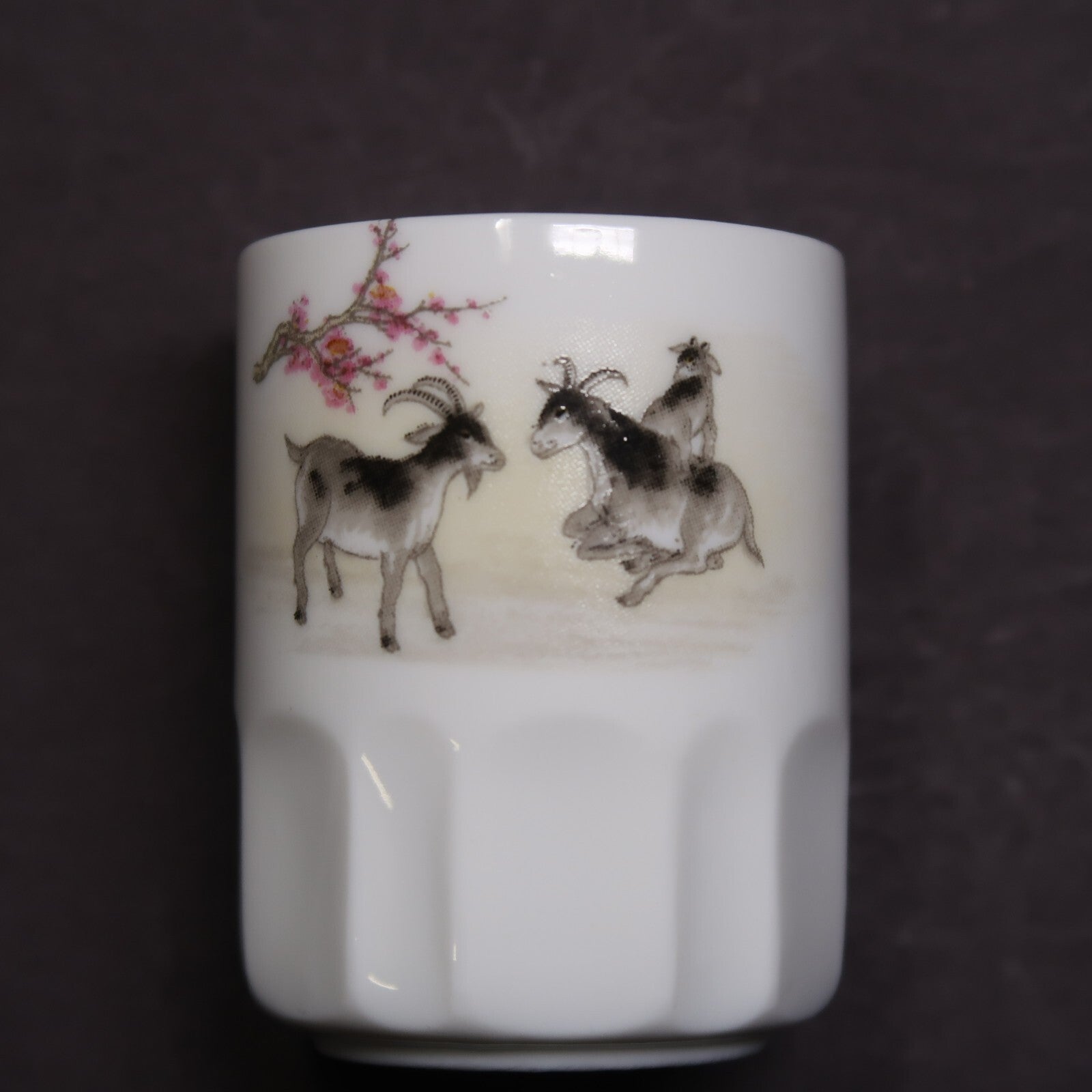 White Ceramic Shot Glass Goats & Chinese Proverbs H 2"