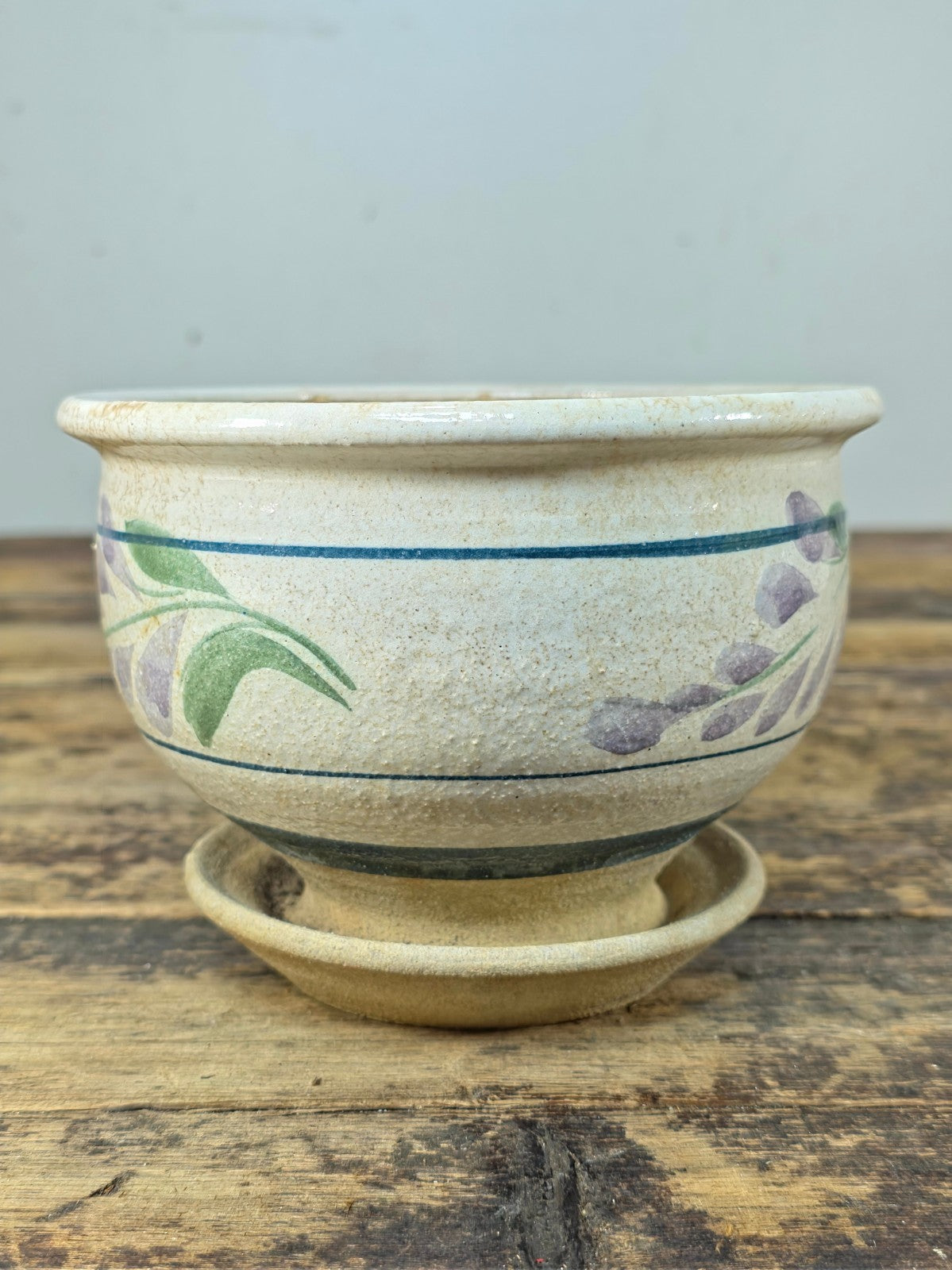 Vintage Hand-Painted Ceramic Planter with Saucer – Floral Design, 1990s