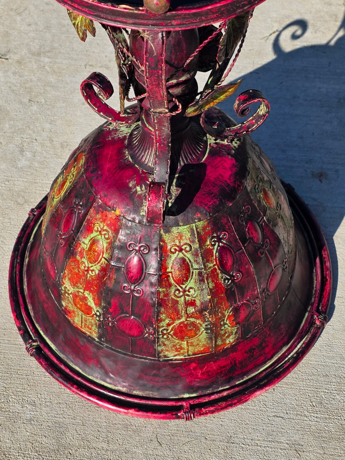 Ornate Metal Pedestal Planter Large 17.5"Dia Urn Stand w/ Red & Gold Patina