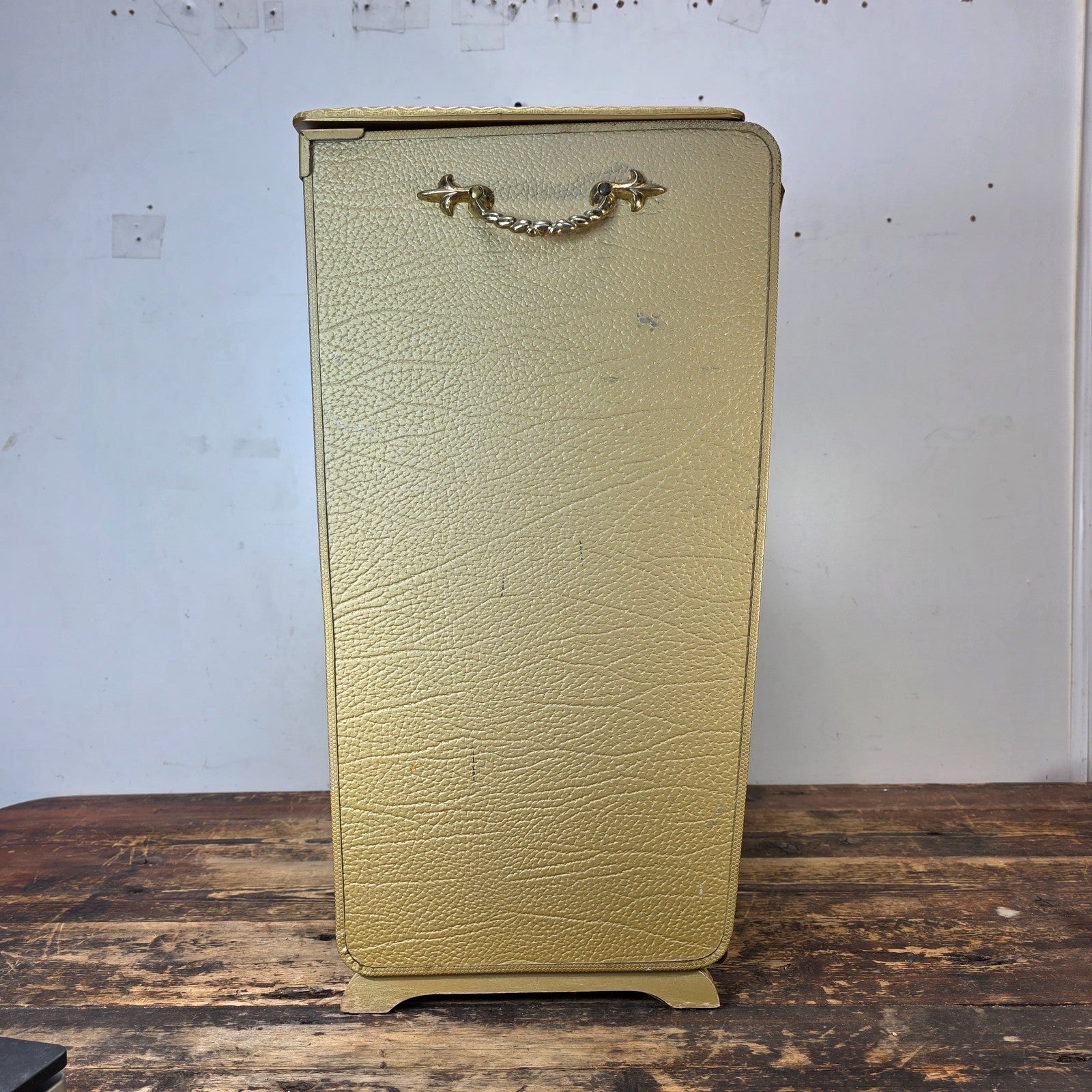 Vintage Pearl-Wick Clothes Hamper Gold Vinyl Woven Pattern 1960s Mid Century