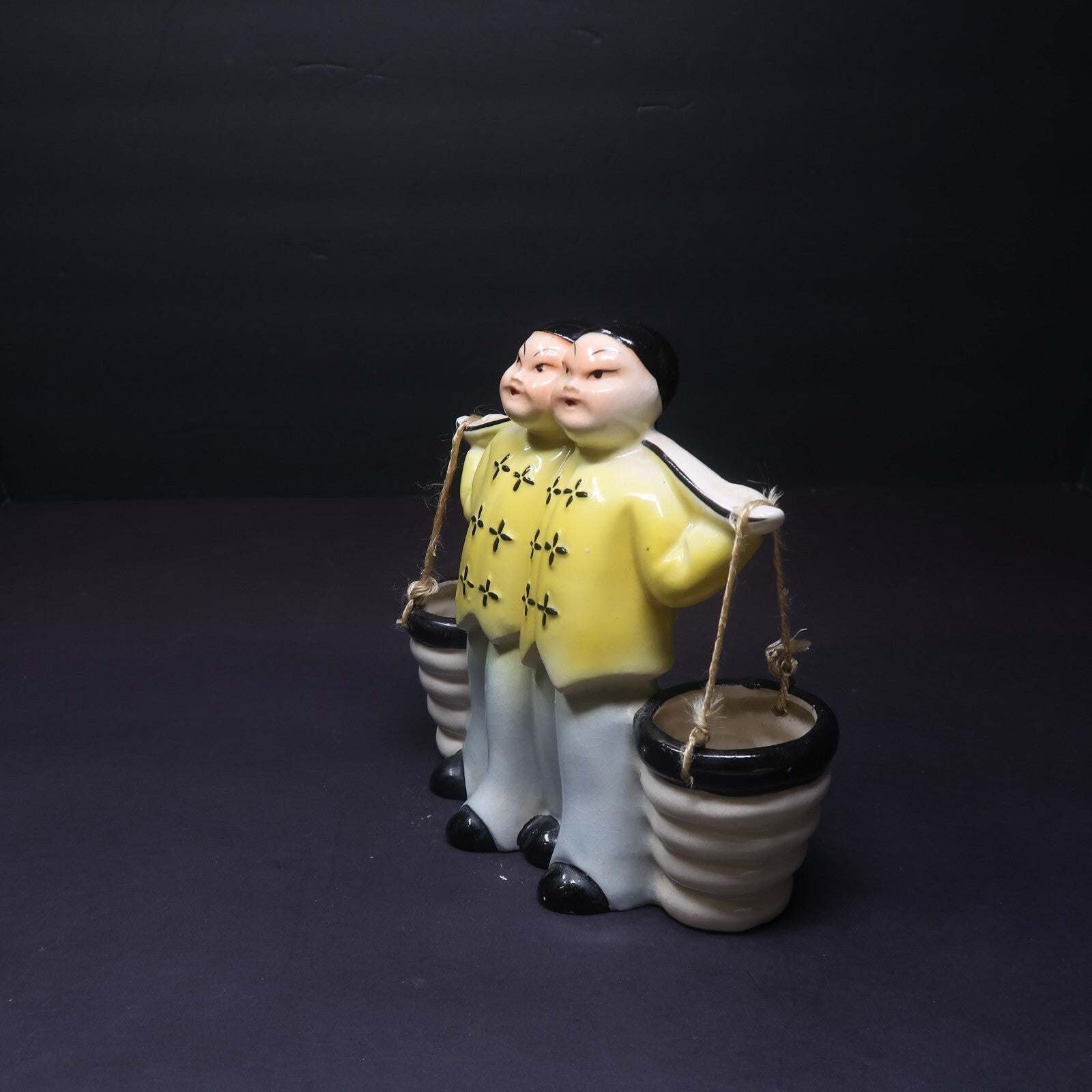 Vintage Chinese Ceramic Figurine Carrying Water Yoke With Buckets