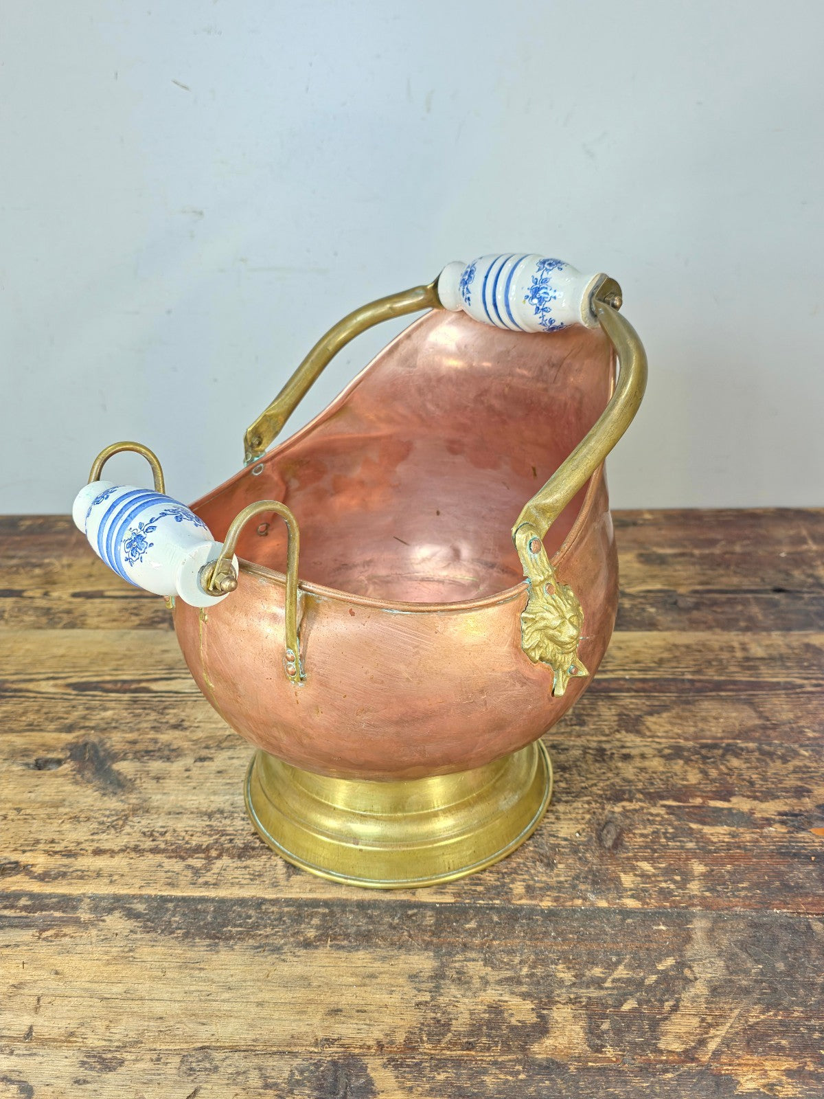 Vintage Copper & Brass Coal Scuttle w/ Delft-Style Ceramic Handles & Lion Heads