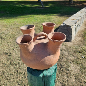 Rustic 4 Mouth Mexican Vessel Terracotta Natural Clay Native Mexican Folk Art