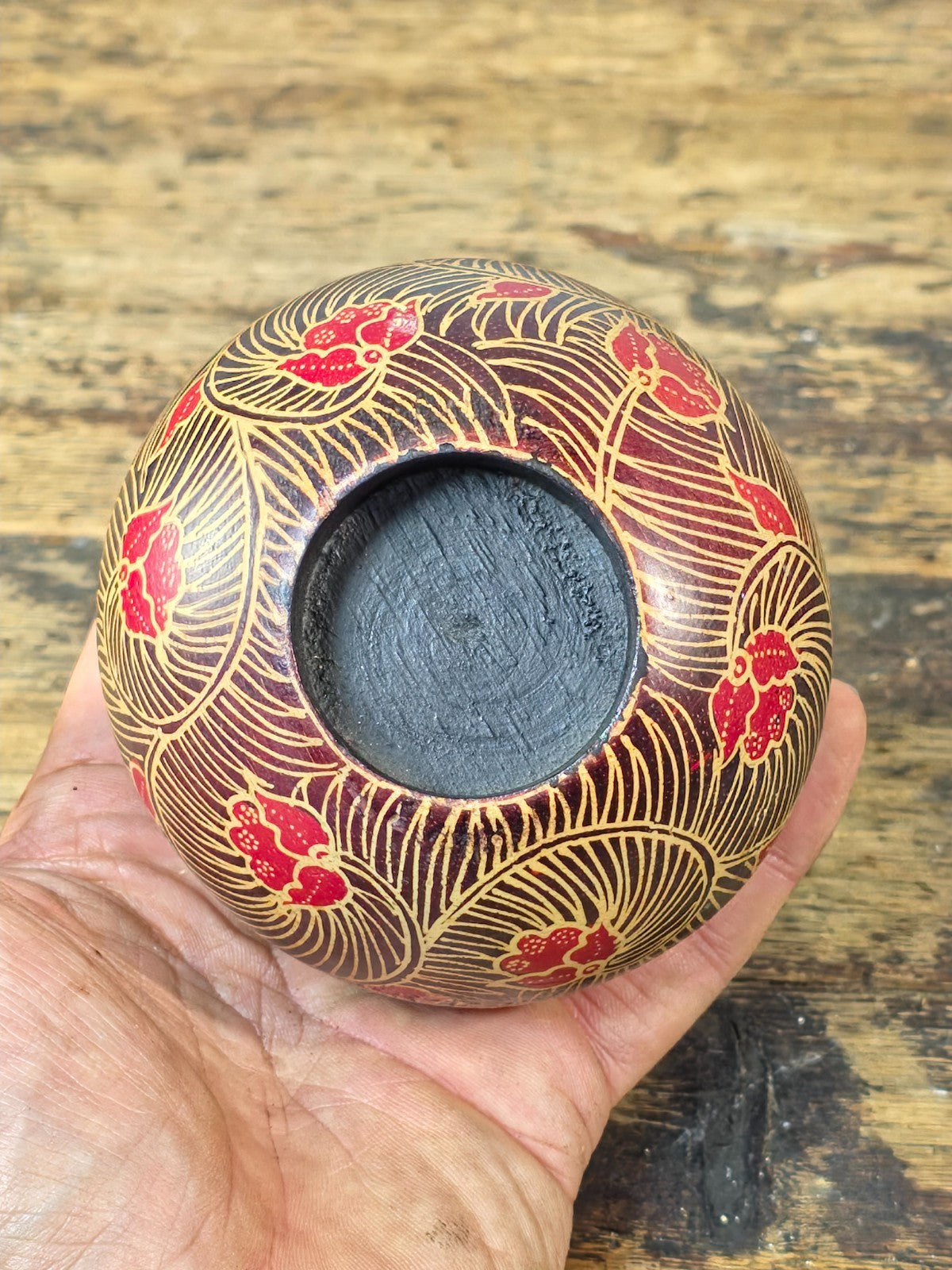 Wooden Votive Candle Holder – Red & Flesh-Tone Floral Design Asian / Boho Decor