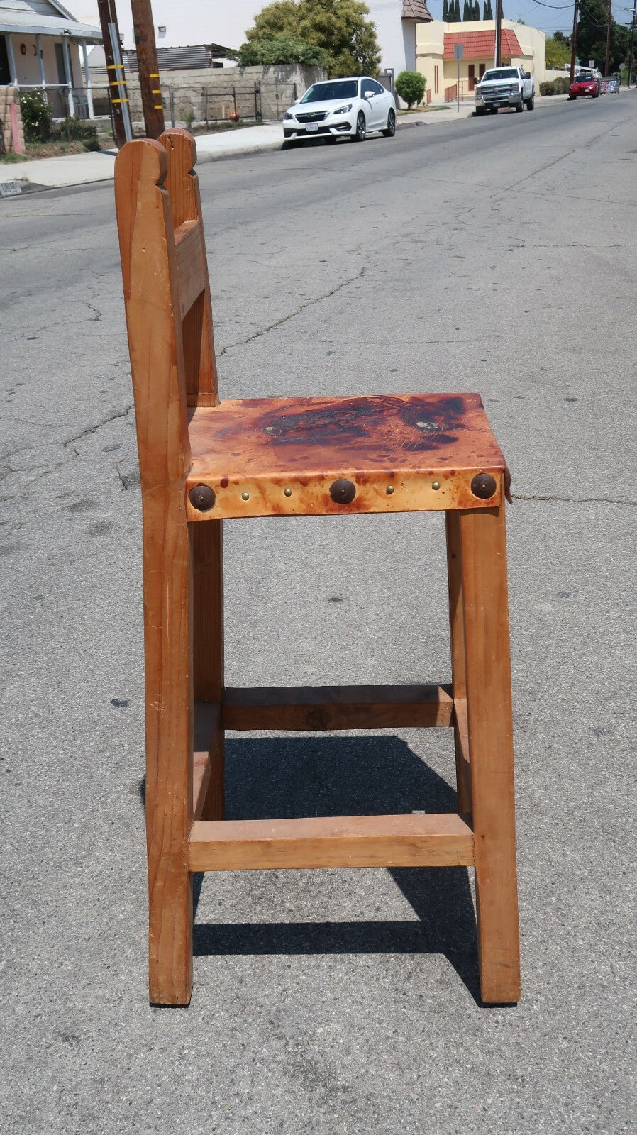 Wooden Counter Height Bar Stool Leather Seat Handcrafted farmhouse Stool H 41"
