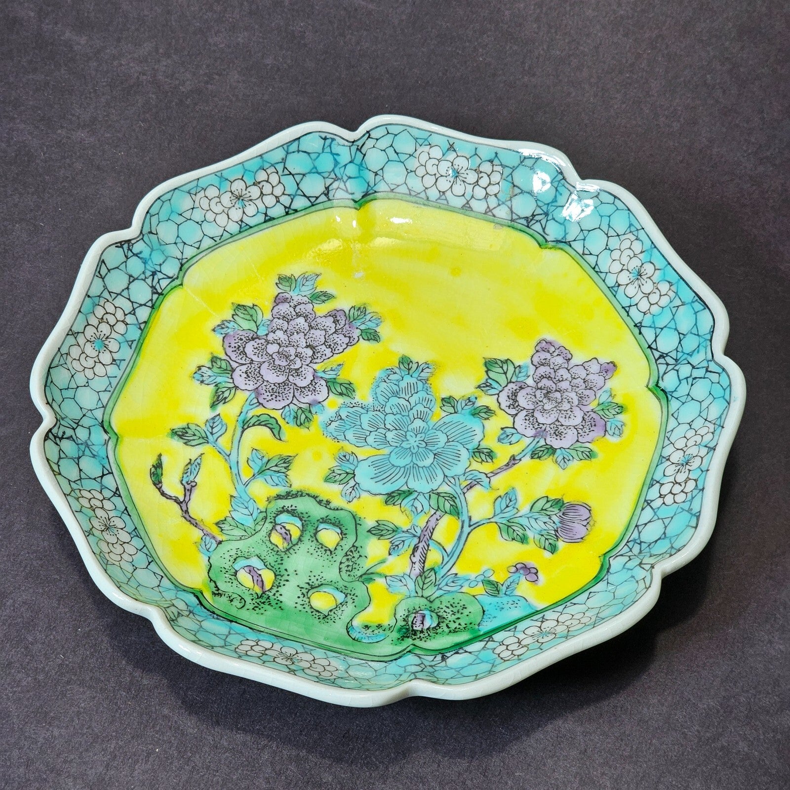 Vintage Hong Kong Hand-Painted Floral Octagonal Ashtray 6.25" x 6.25"