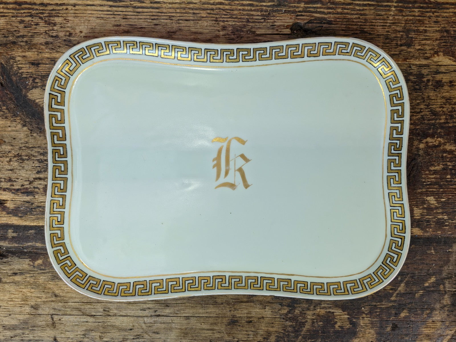 Limoges France Porcelain Tray with Gilt Monogram & Greek Key Border — c.1900s