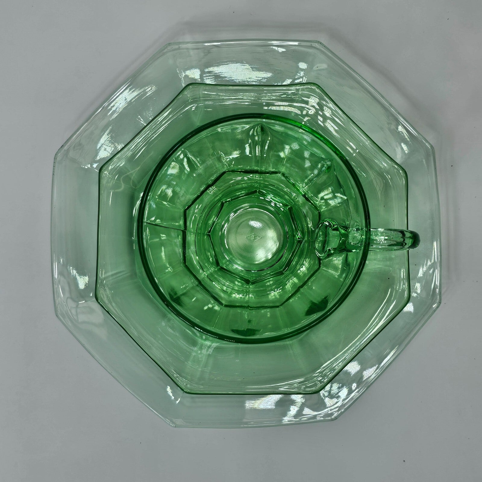 Set of 3 Heisey Ribbed Octagon Green Cup & Saucer + Dessert Plate Set (D)