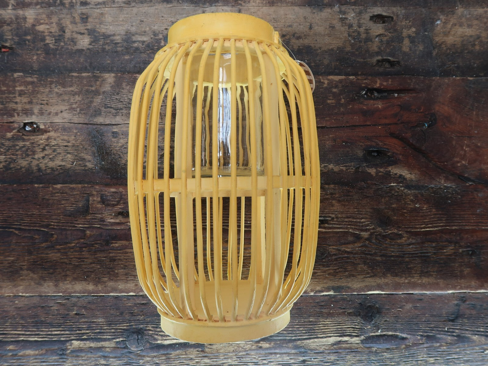 Yellow Bamboo Candle Lantern With Handle 7.5" x 7.5" x H 11.5"