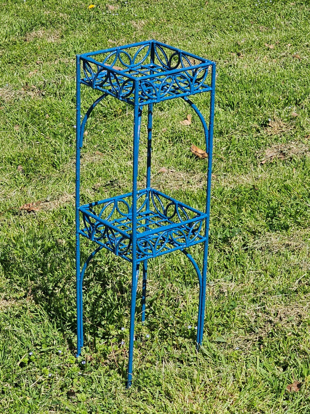 Mid-Century Blue Metal 2-Tier Plant Stand 8" x 8" x 28"H
