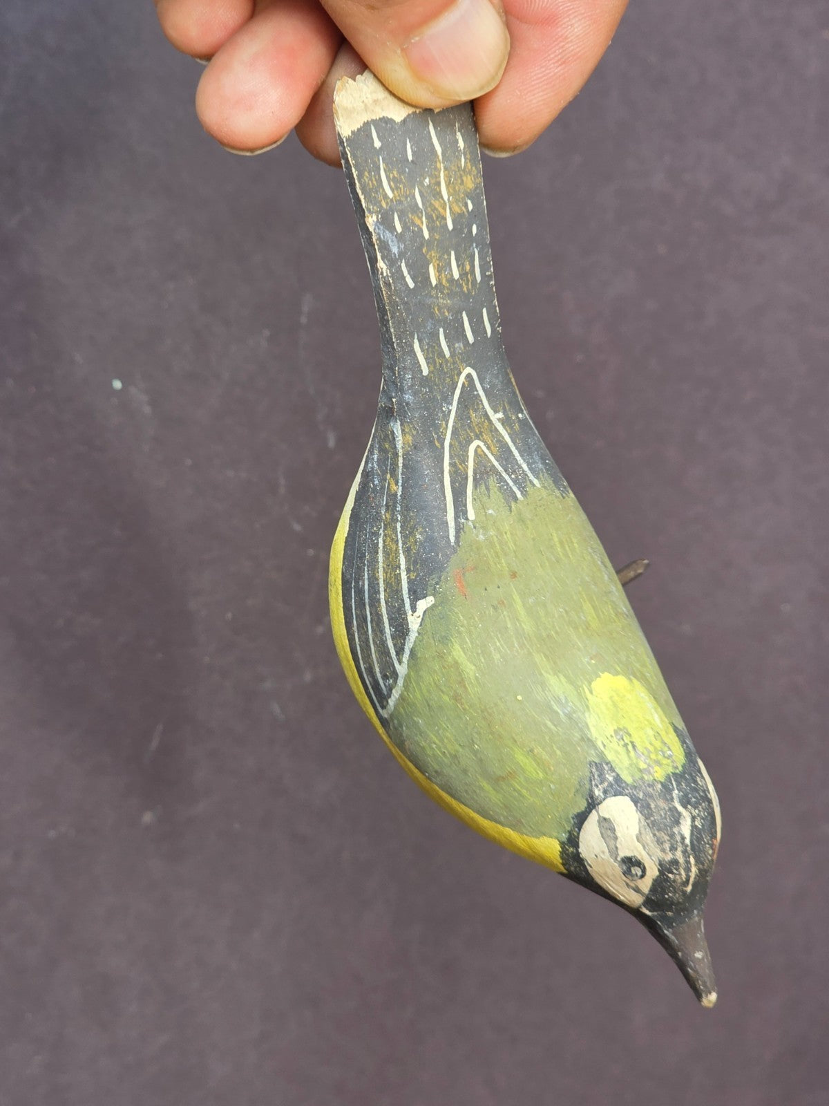 Svensk Slöjd Sweden Hand Carved Painted Wooden Bird — Green Yellow Folk Art Deco
