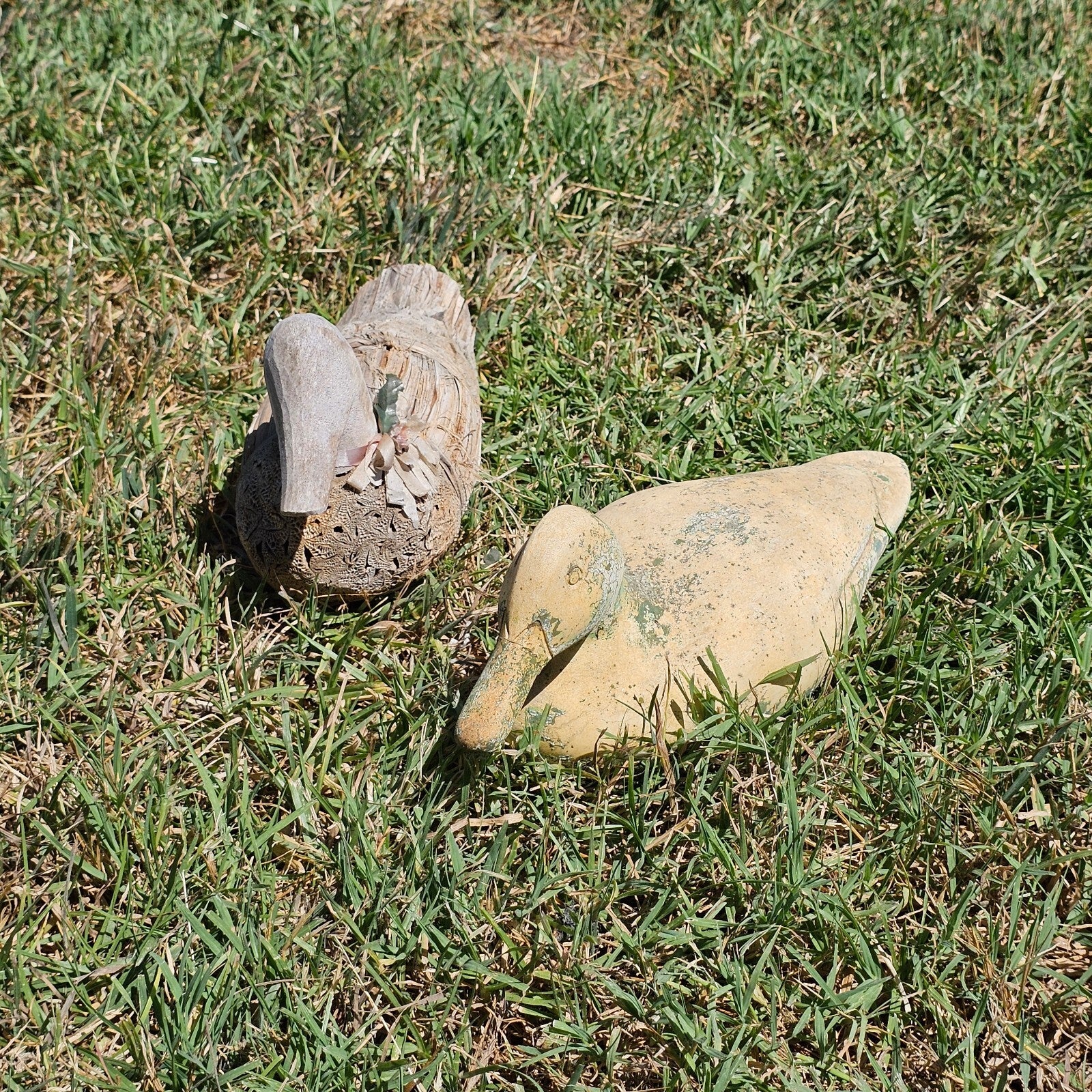 Set of 2 Wood, Corn Husk Duck 11" And Ceramic Duck 11" Garden Decor