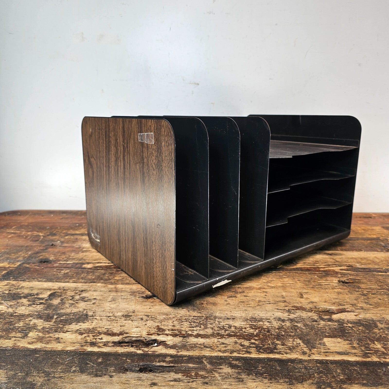 Vintage Mid-Century Desk Organizer with Wood Grain Finish