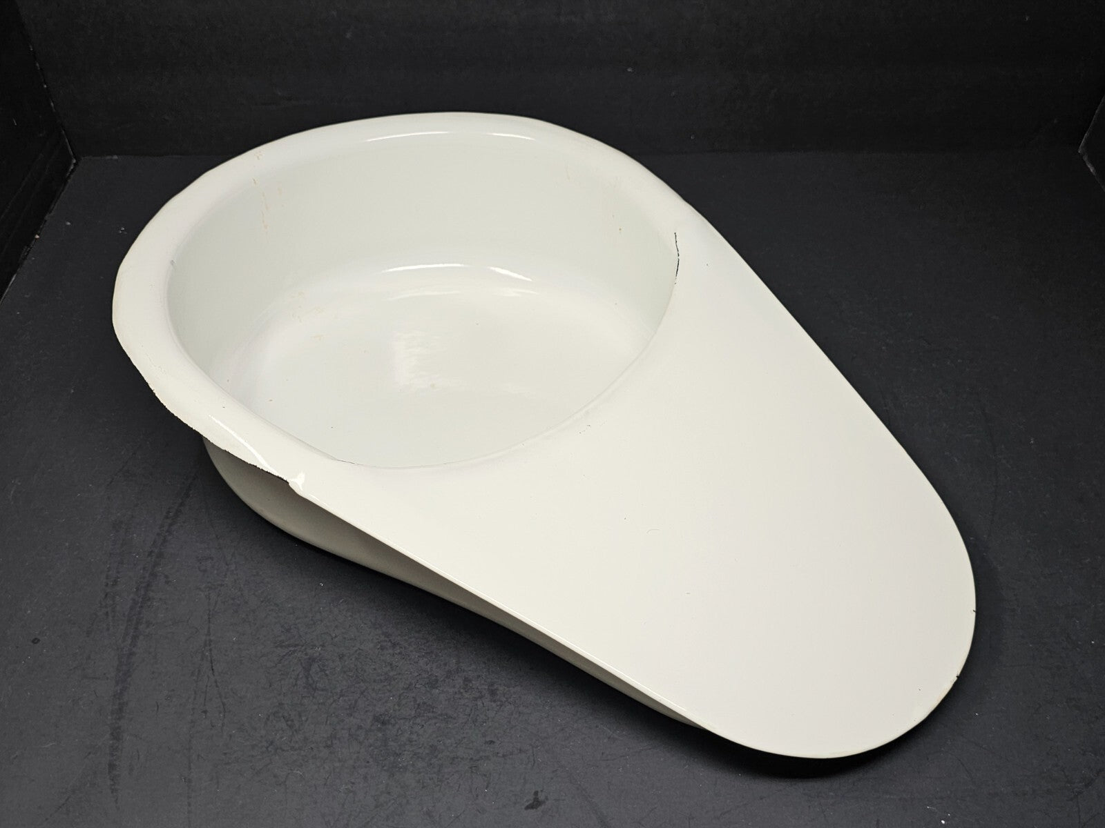 Antique Swedish All White Hospital Enamelware Bed Pan With Handle