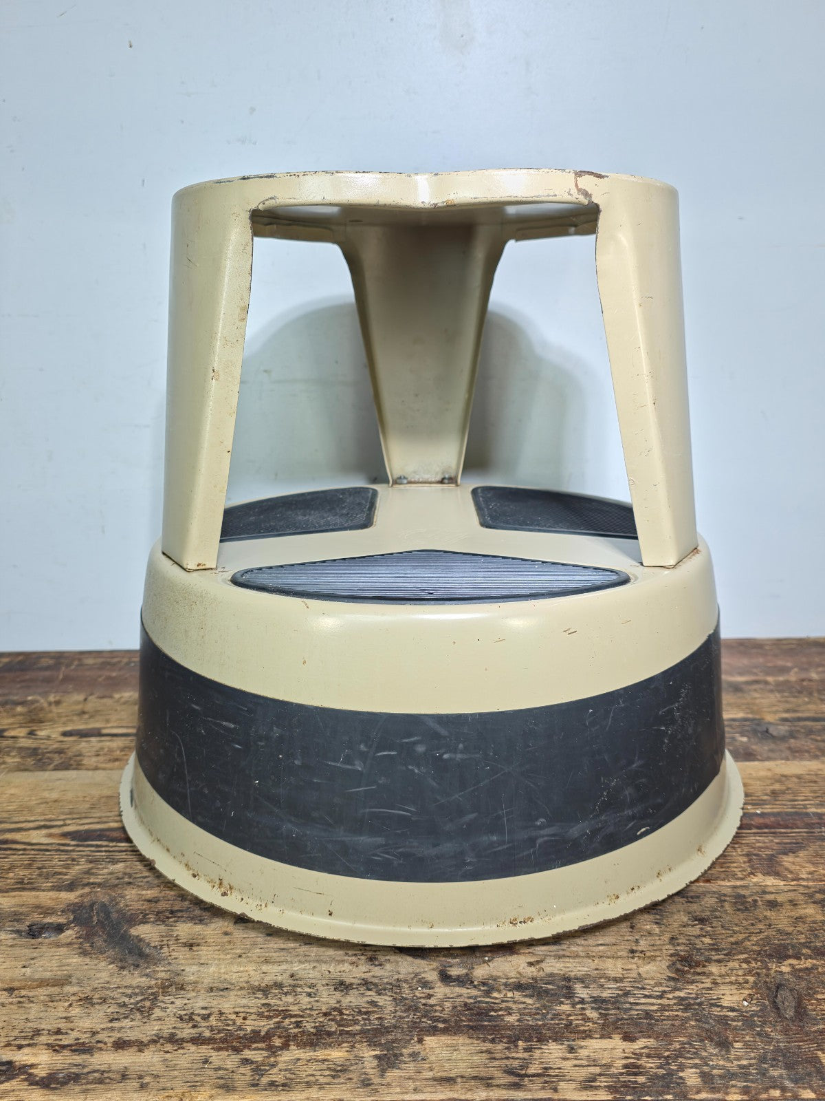 Vintage KIK-STEP Rolling Step Stool Beige Black Industrial 1980s USA