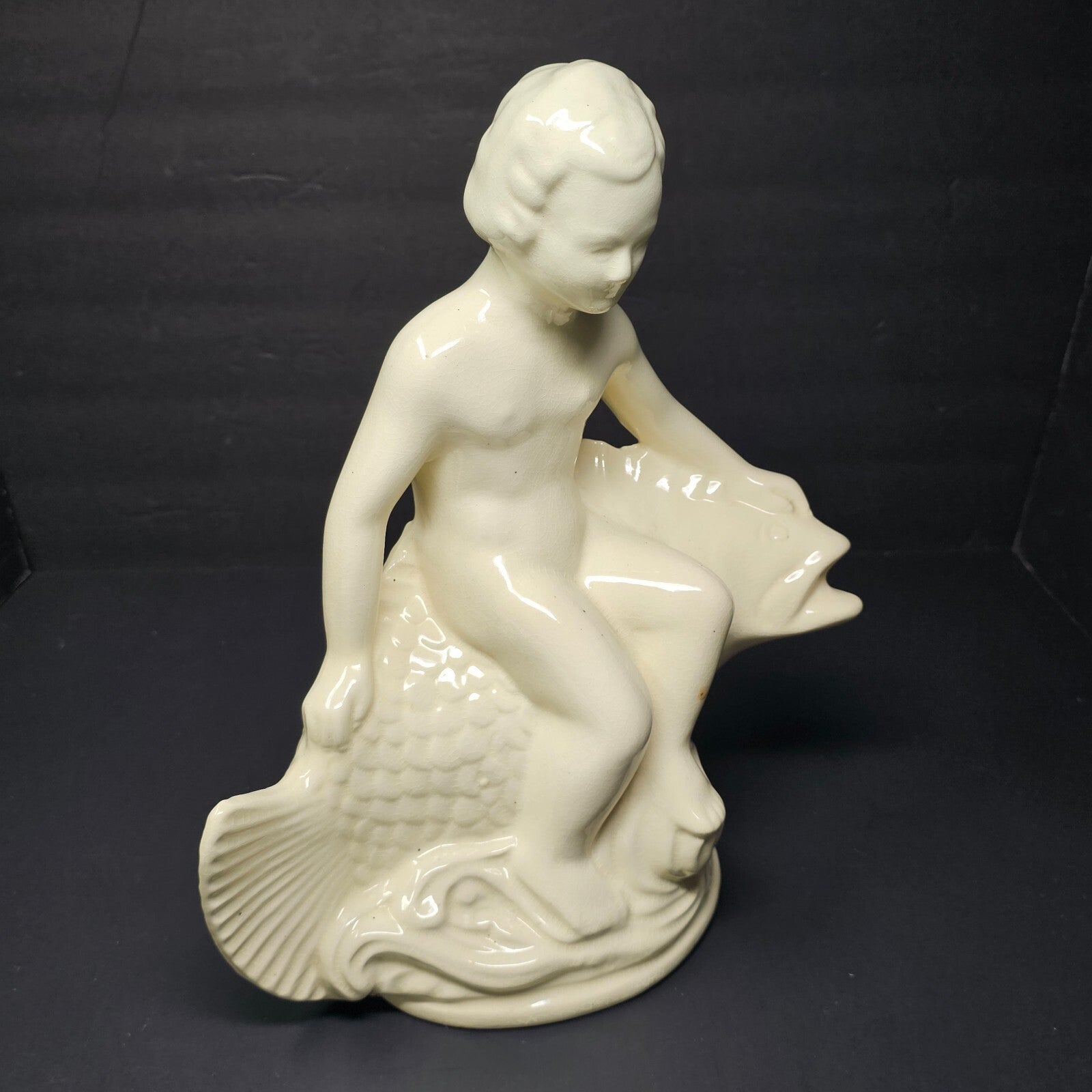 Pottery Statue By Robinson Ransbottom Boy Seated on Fish Bird Bath Insert 12.5"