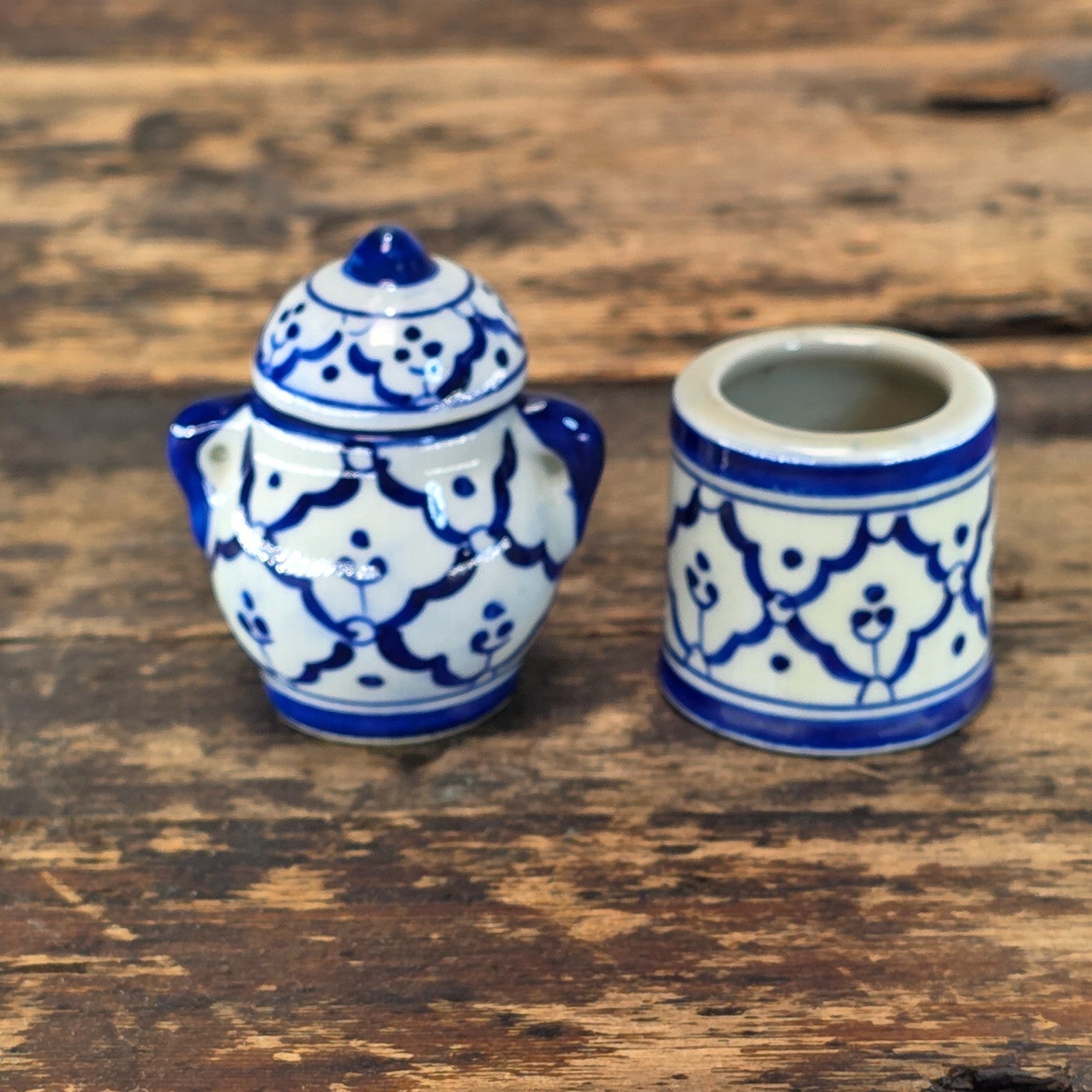 Miniature Blue & White Ceramic Thai-Style Ginger Jar & Toothpick Holder Set