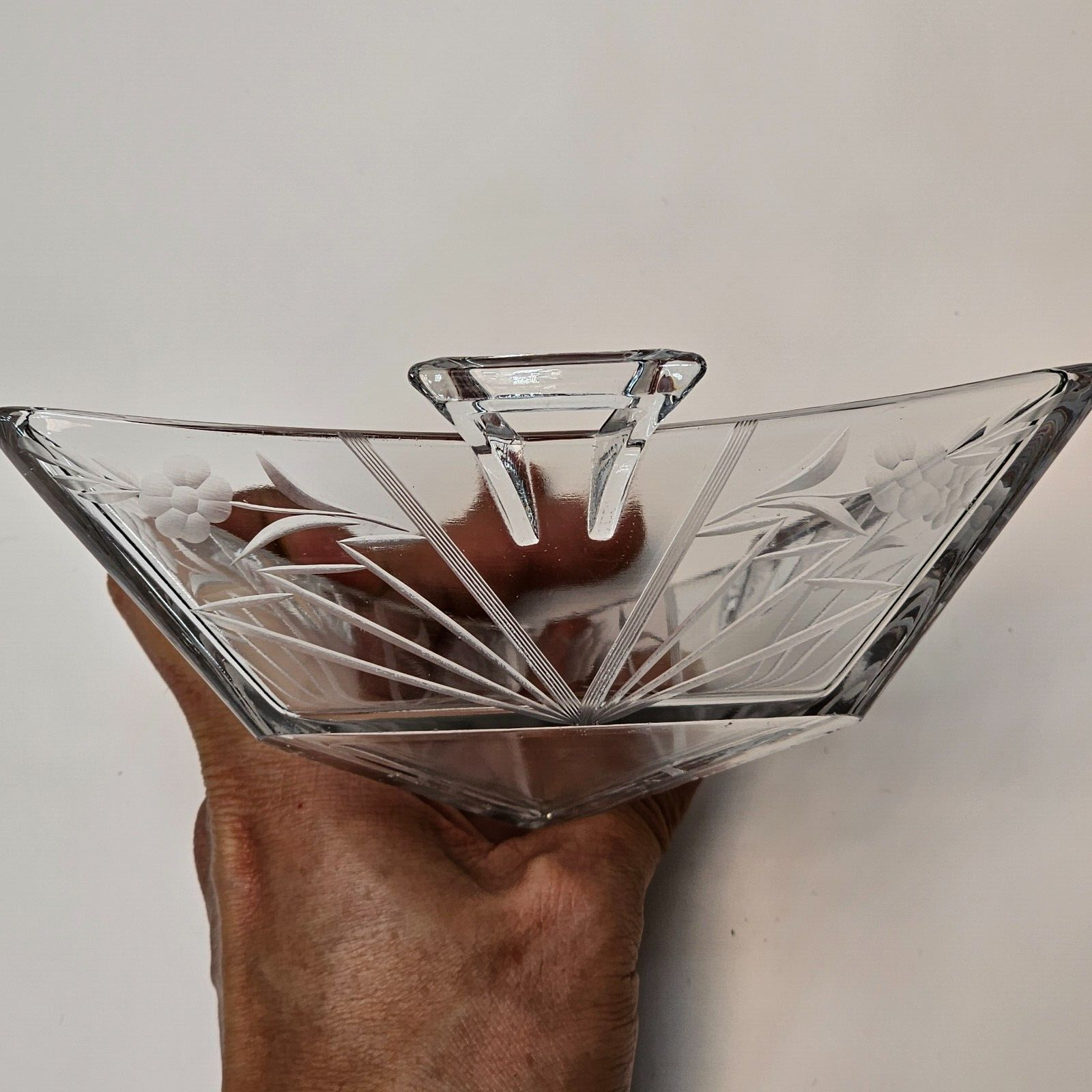 Heisey Etched Floral Clear Mint Dish Tri Handled Triangle Glass Bon Bon No Lid