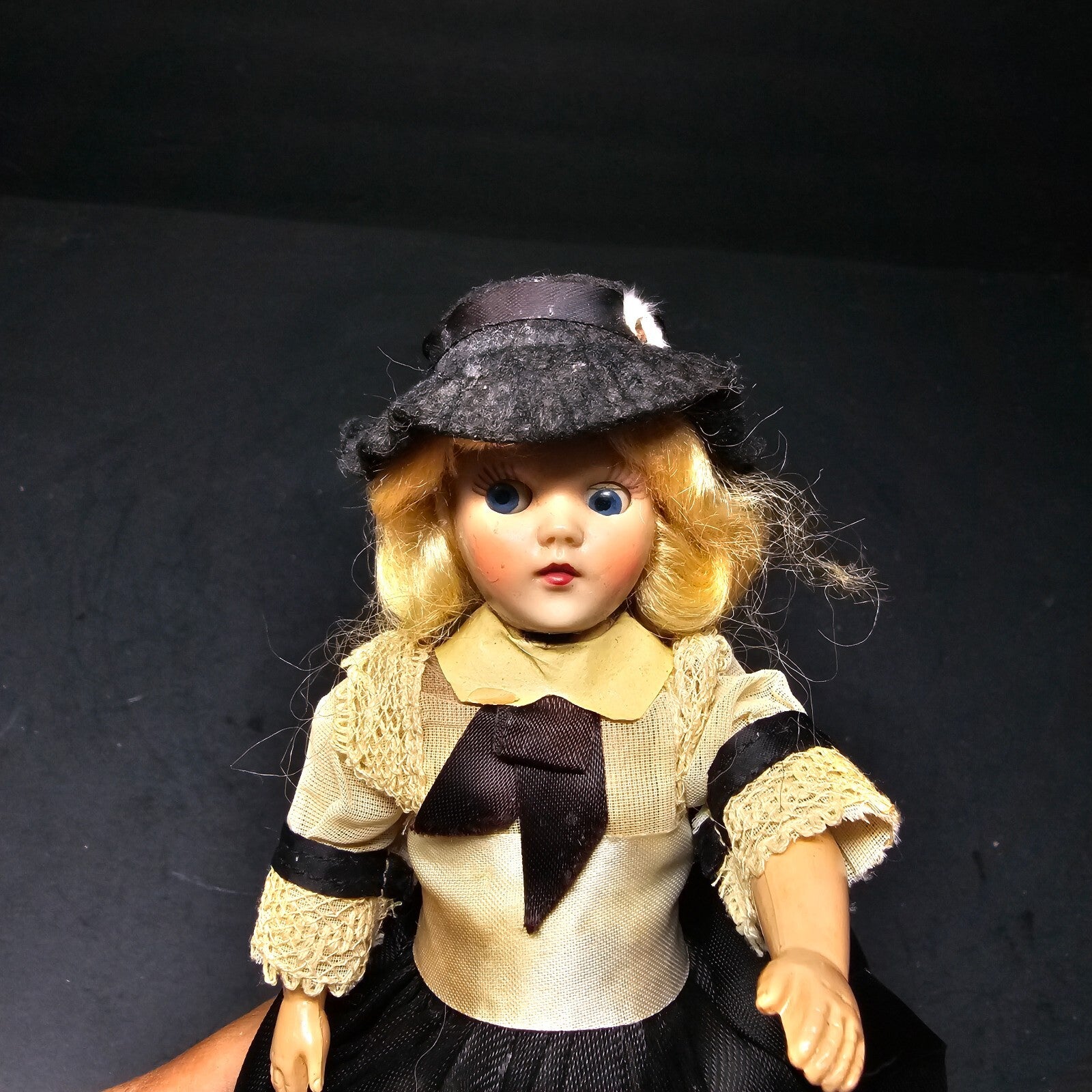 Vintage Sleep Eyes Doll ~ Blonde Hair, Blue Eyes, Fancy Attire 7"