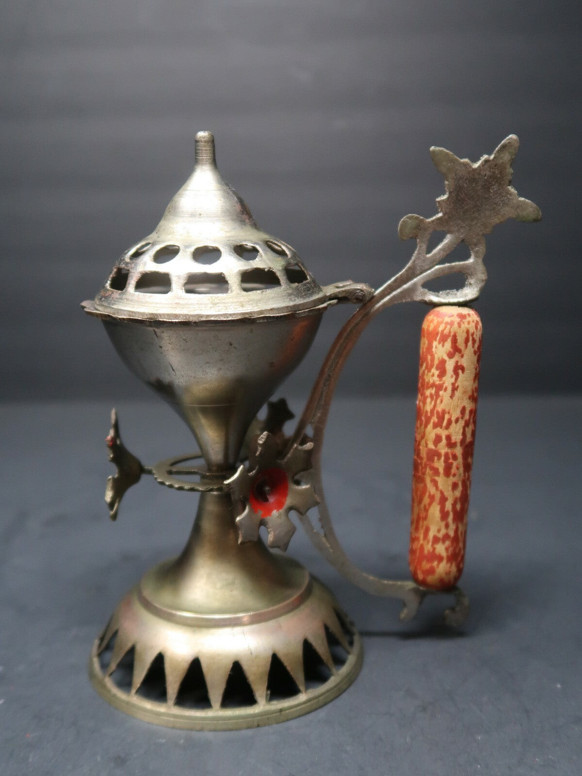 Antique India Metal Incense Burner With Wooden Red Handle 7" Tall