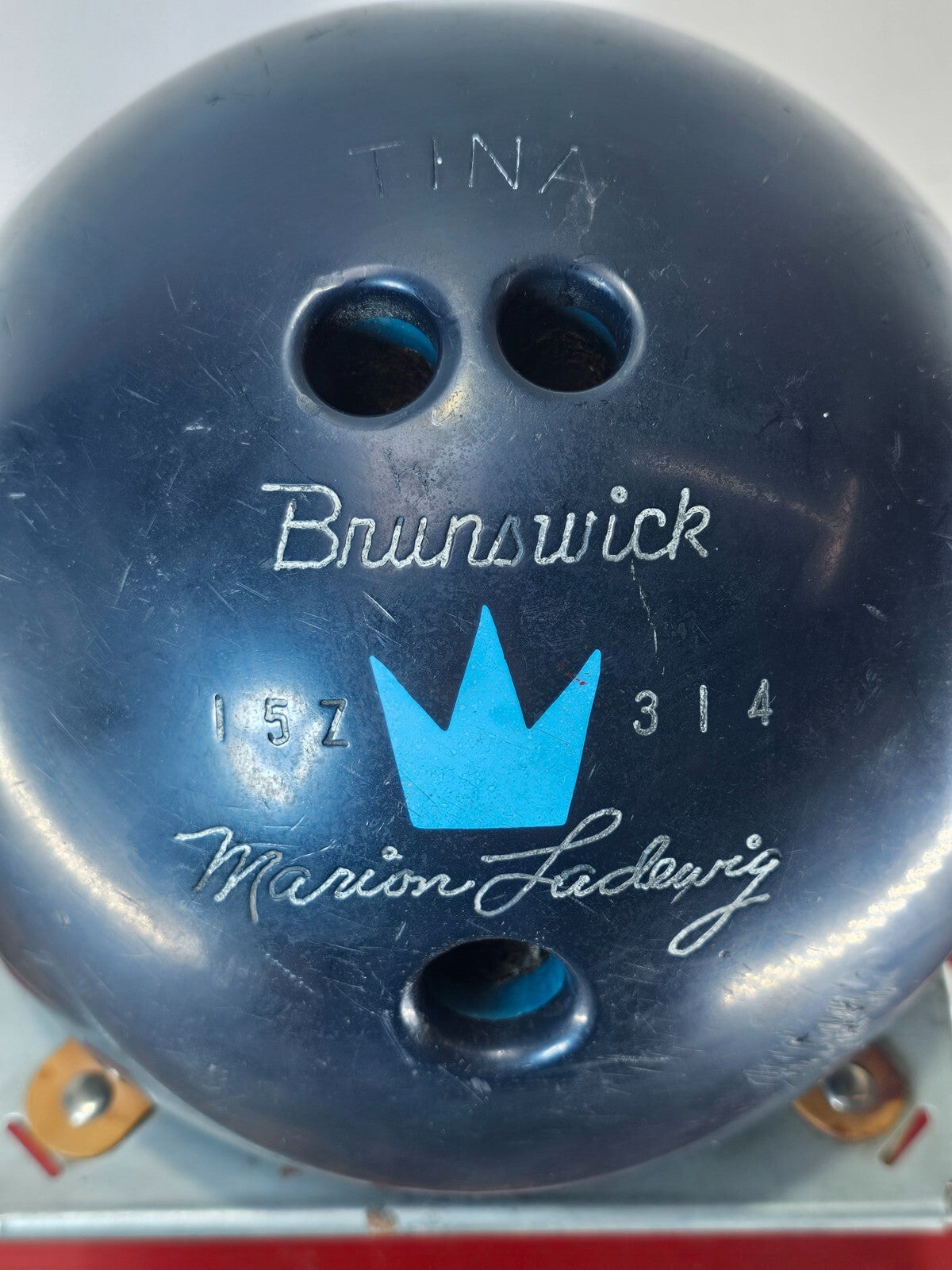 Vintage Brunswick Marion Ladewig  Bowling Ball 12.75 lb. With Base