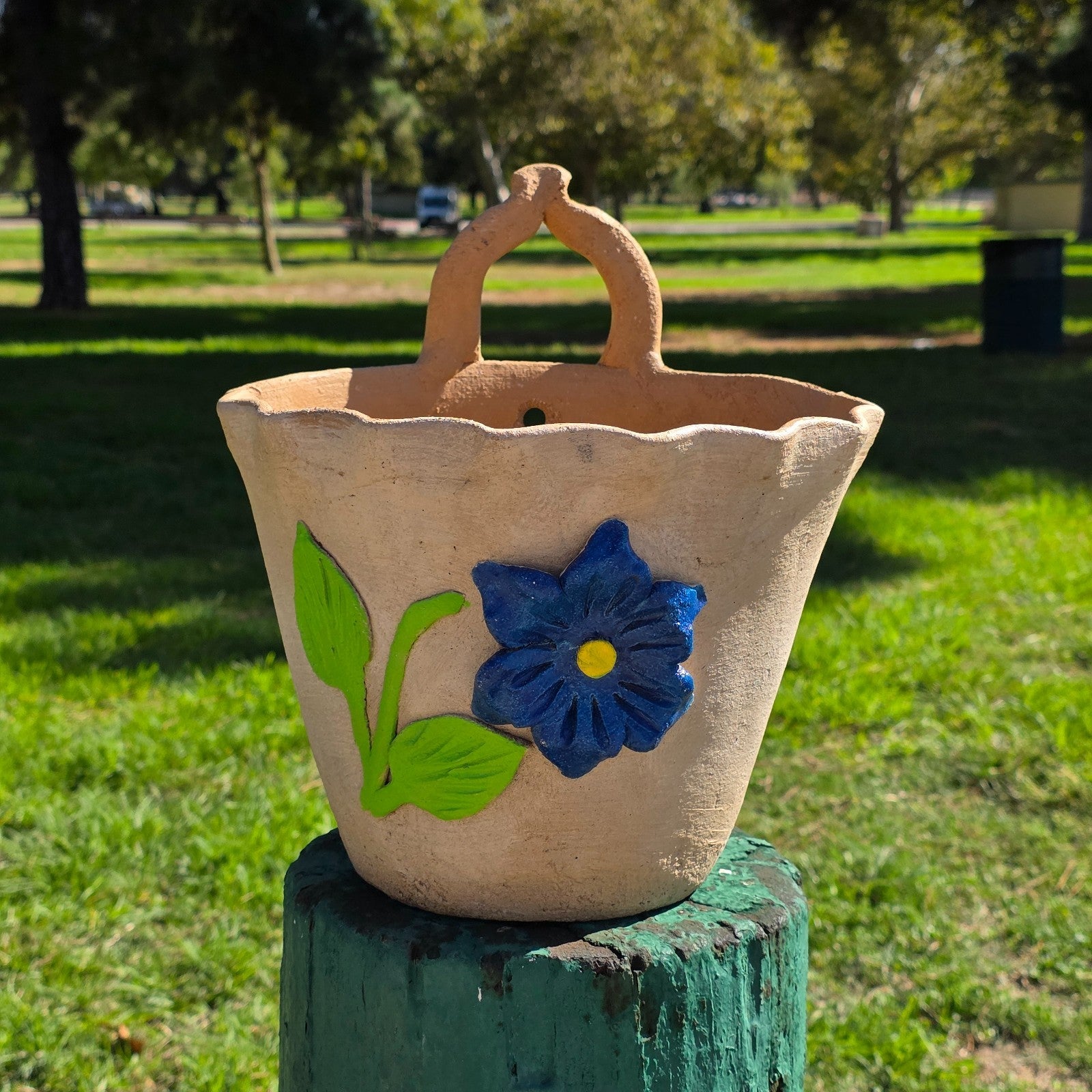 Vintage Atzompa Oaxaca Terracotta Wall Pocket Planter with Blue Flower