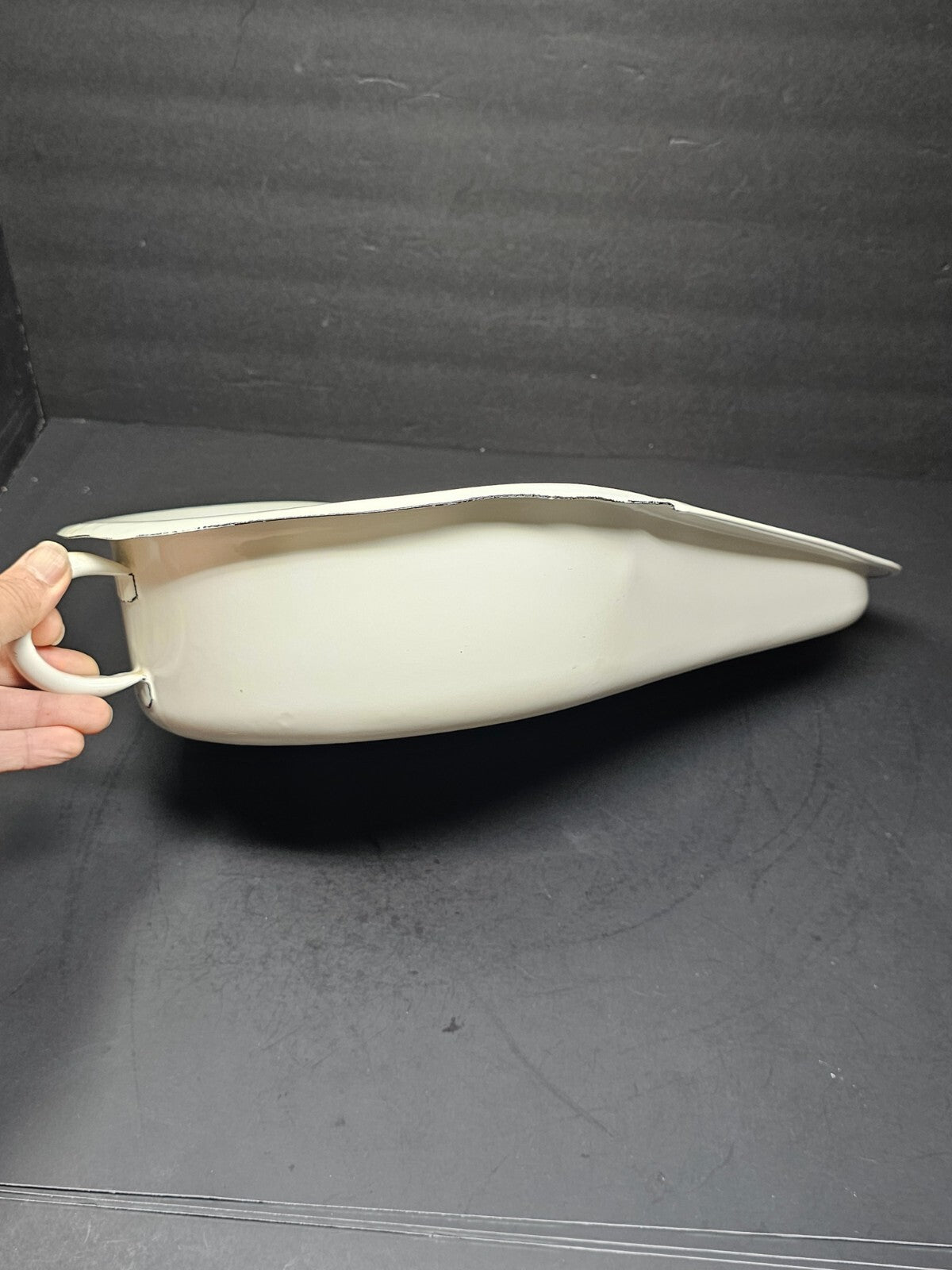 Antique Swedish All White Hospital Enamelware Bed Pan With Handle