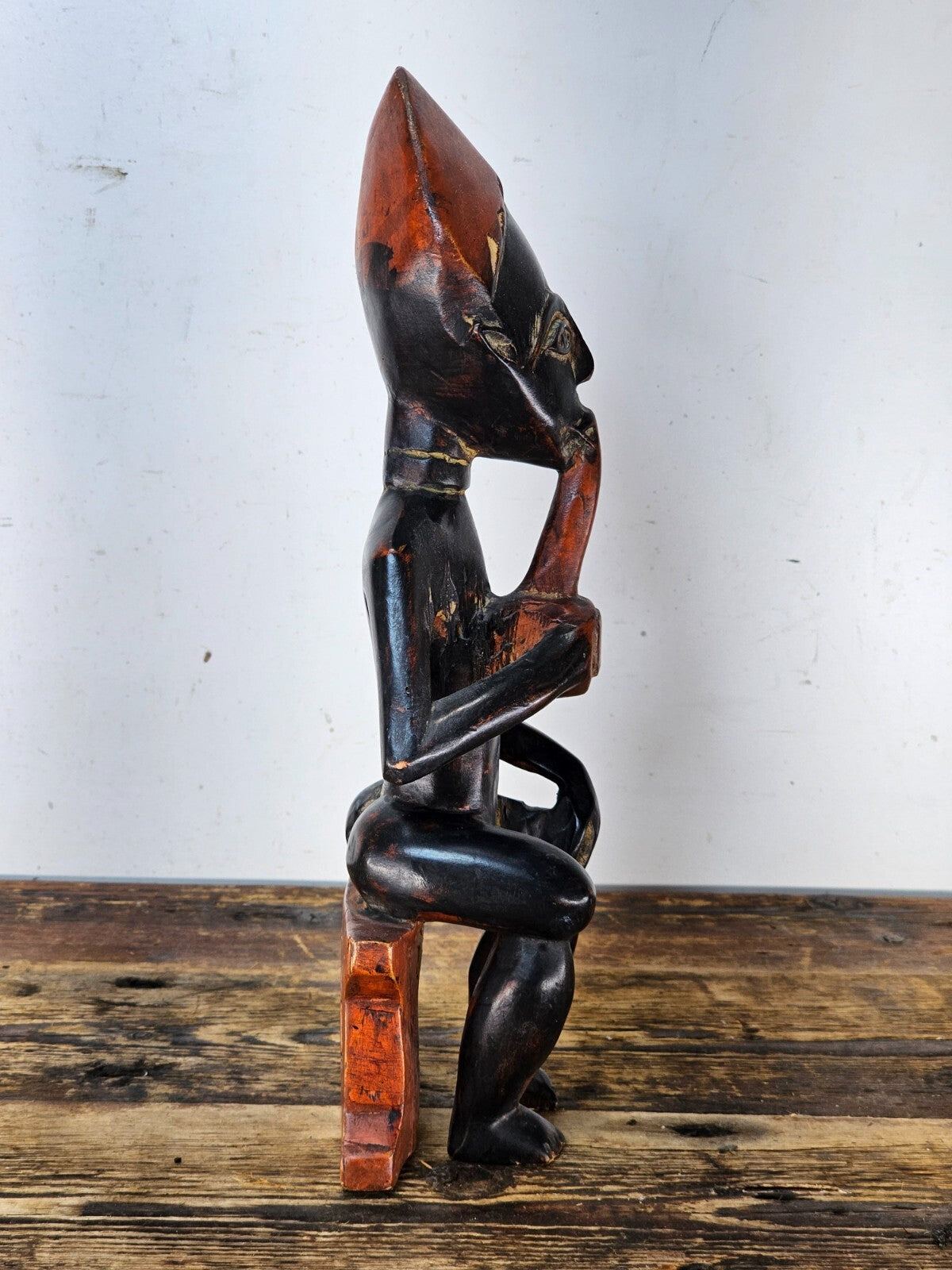 Ghana Ashanti Traditional Wooden Smoking Man Sculpture 13"H x 4.5"W x 3"D