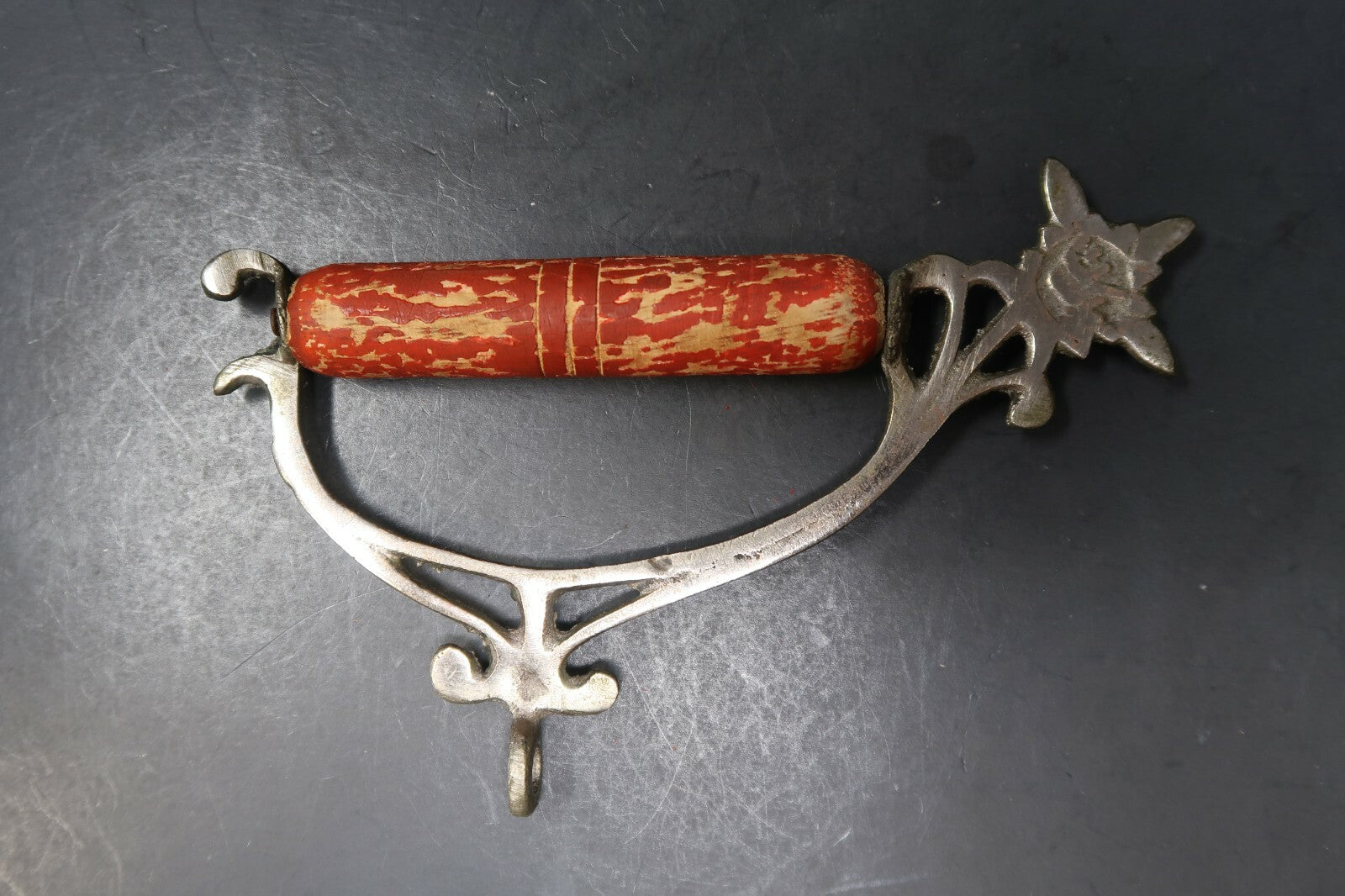 Antique India Metal Incense Burner With Wooden Red Handle 7" Tall