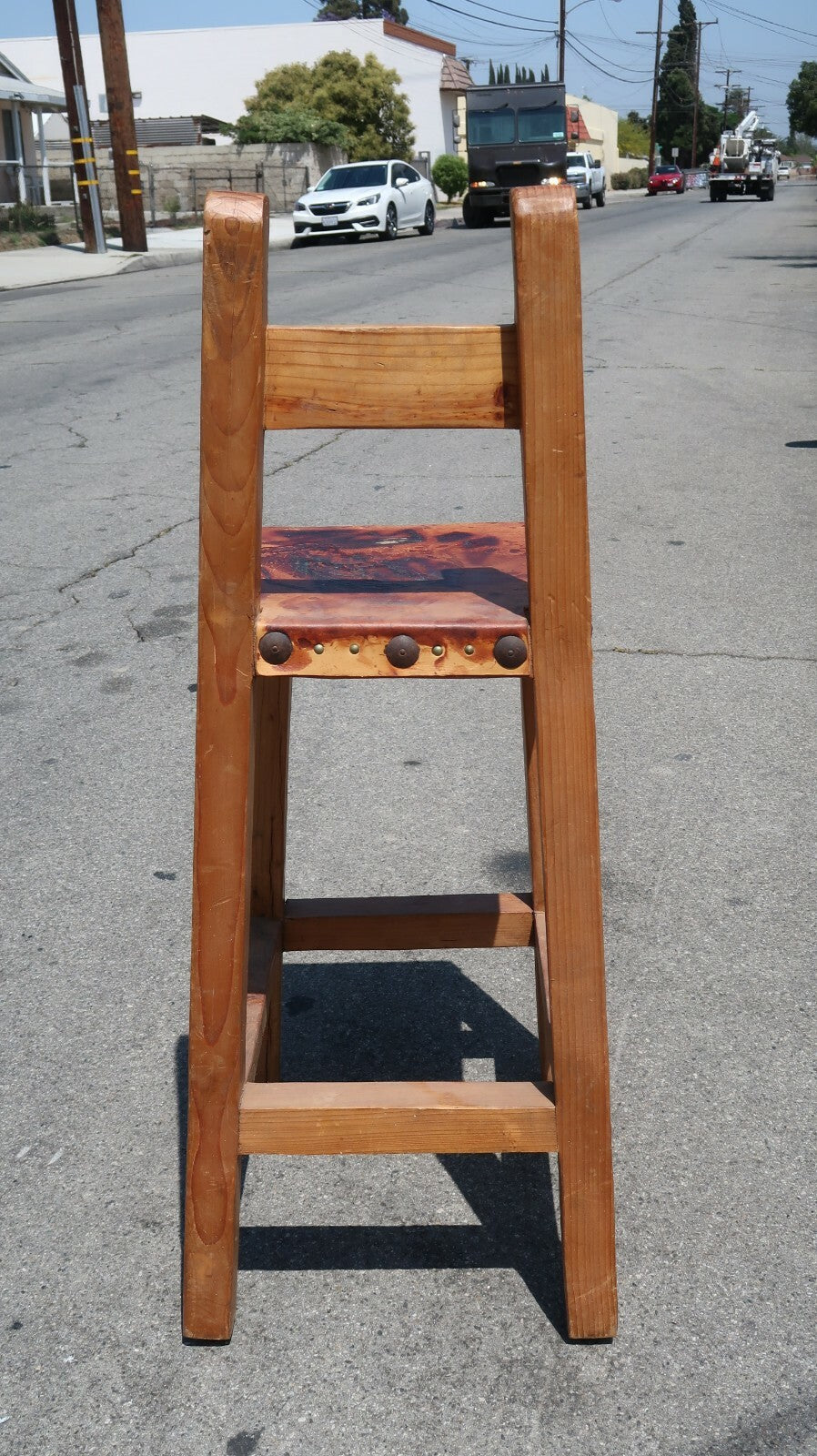 Wooden Counter Height Bar Stool Leather Seat Handcrafted farmhouse Stool H 41"