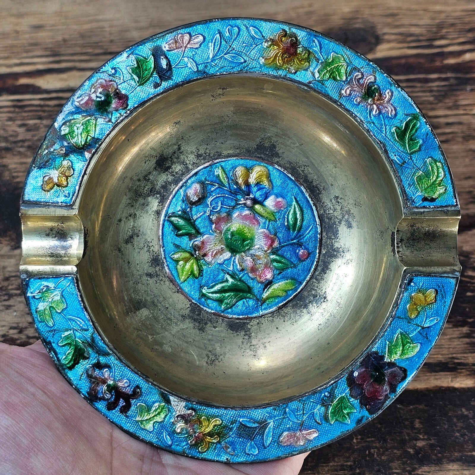 Vintage Chinese Cloisonné Enamel & Brass Ashtray | Ornate Floral Motif 5.25"