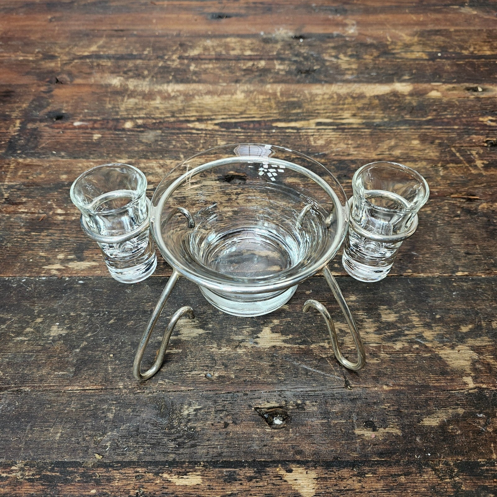 Mid Century Modern Anchor Hocking Glass Set Silver Plated Holder Stand
