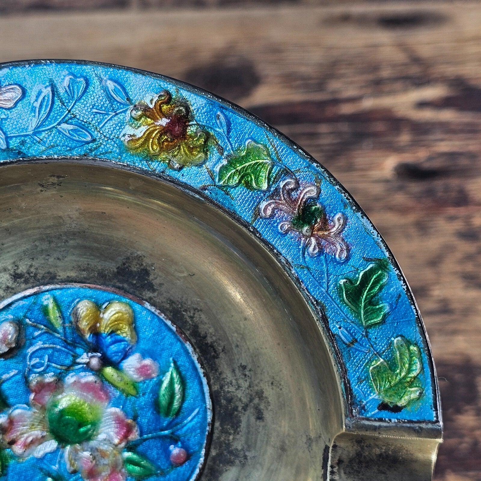 Vintage Chinese Cloisonné Enamel & Brass Ashtray | Ornate Floral Motif 5.25"