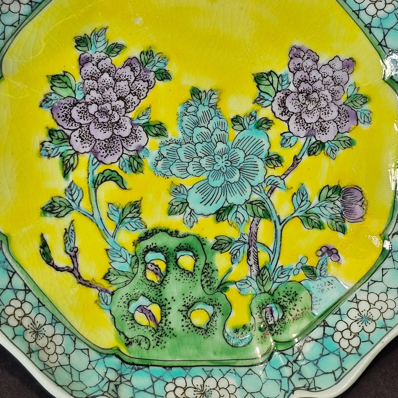 Vintage Hong Kong Hand-Painted Floral Octagonal Ashtray 6.25" x 6.25"