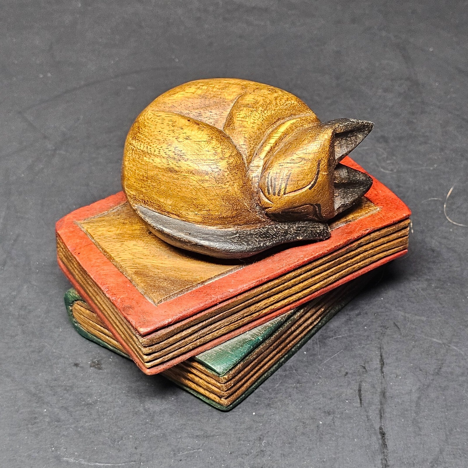 Vintage Mandalay Box Co. Cat Sleeping On Books 5" x 4" x 4"H