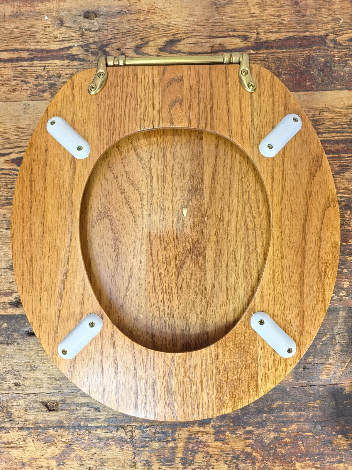 Vintage Solid Oak Toilet Seat w/ Brass Hinges “C.S.” Mark – Made in Taiwan R.O.C