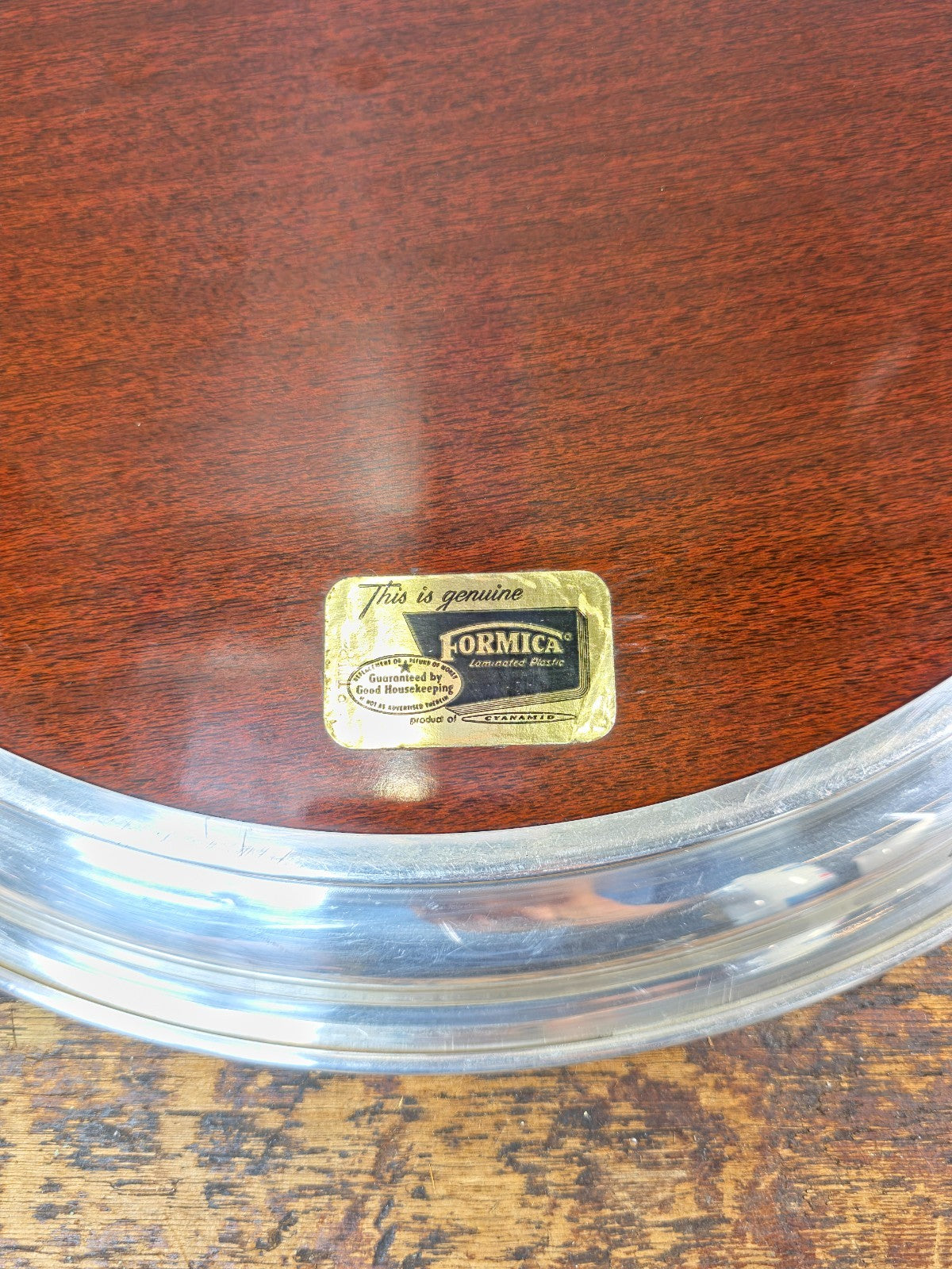 Vintage Formica Woodgrain Tray w/ Silver-Plated Aluminum Rim 16.5" — Mid Century