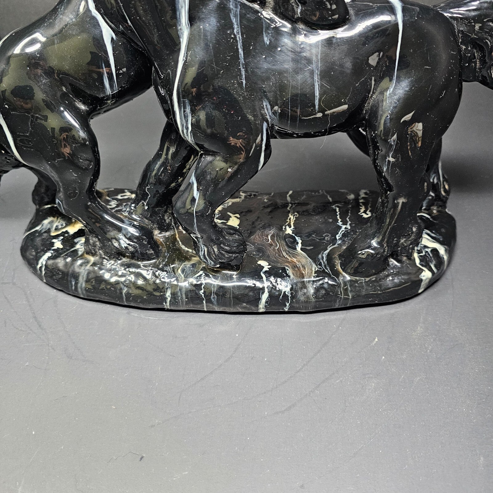 Two Black Stallions Sculpture Glazed Plaster Marble Swirl Statue Vintage