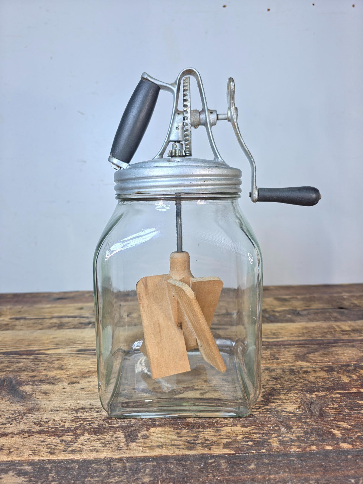 Vintage 4-Quart Glass Butter Churn with Hand-Crank Gear — FC Marked
