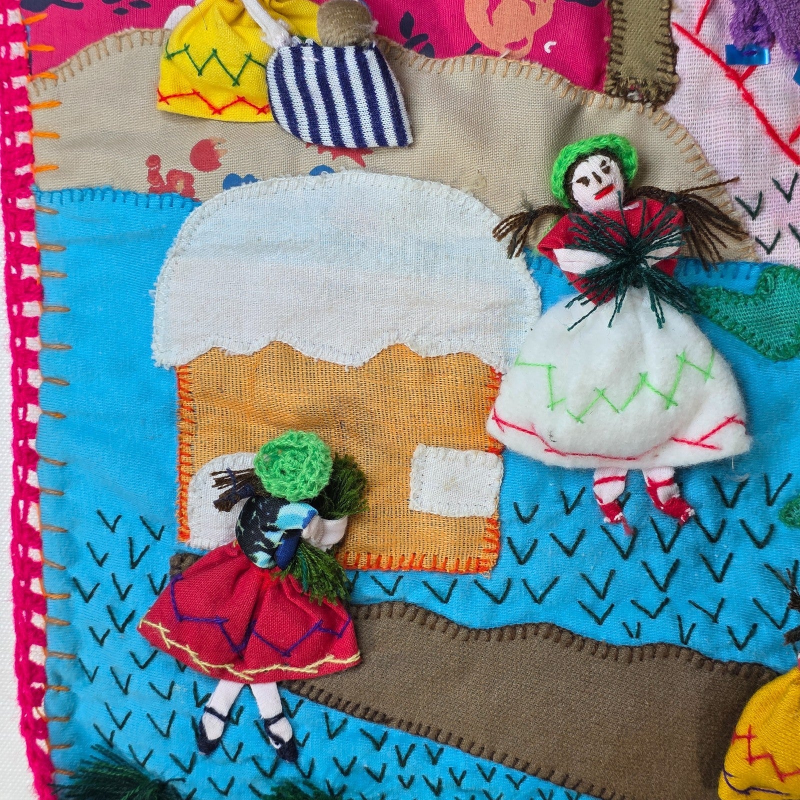 Vintage Peruvian Arpillera Wall Embroidery Textile Art “Cosecha de …” 19"x17"